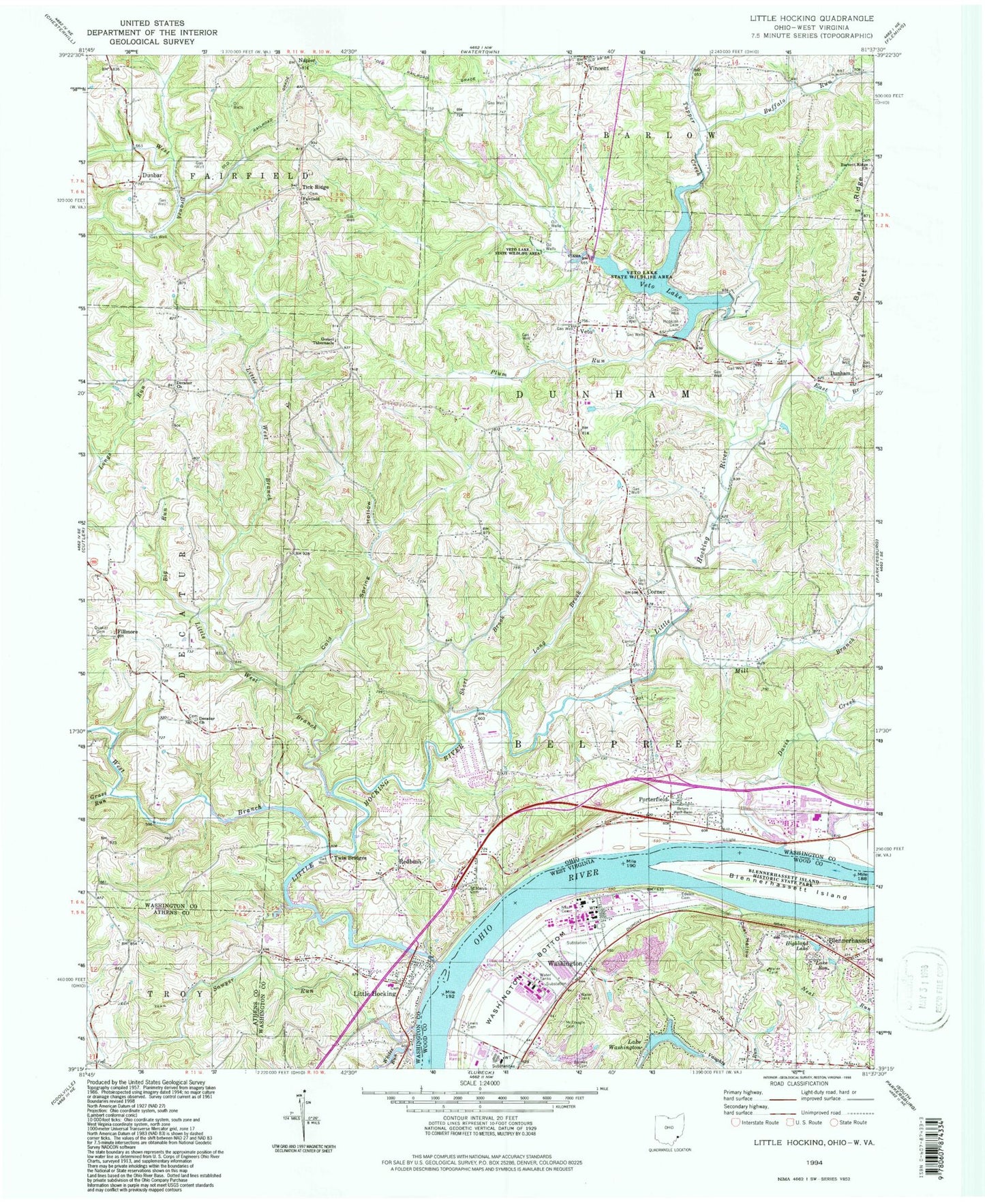 Classic USGS Little Hocking Ohio 7.5'x7.5' Topo Map Image