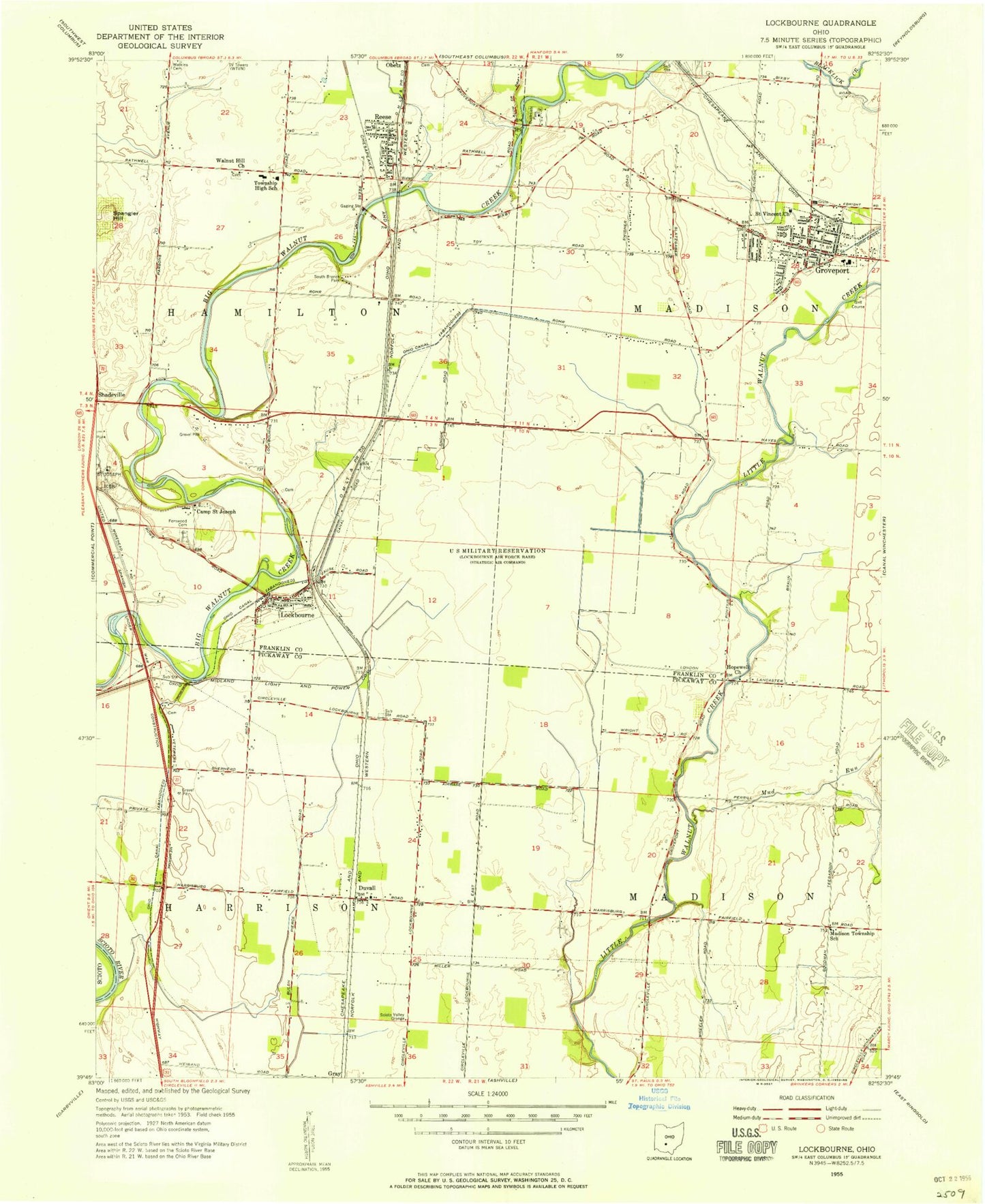 Classic USGS Lockbourne Ohio 7.5'x7.5' Topo Map Image