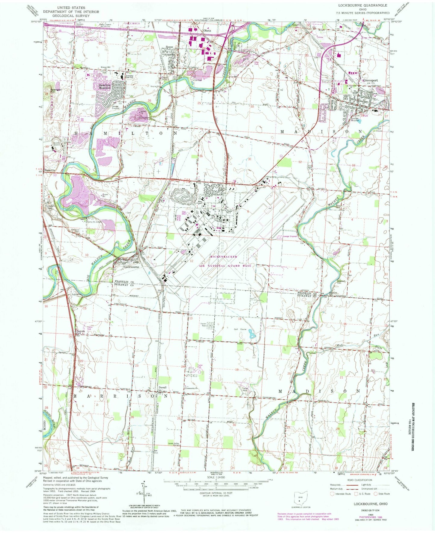 Classic USGS Lockbourne Ohio 7.5'x7.5' Topo Map Image