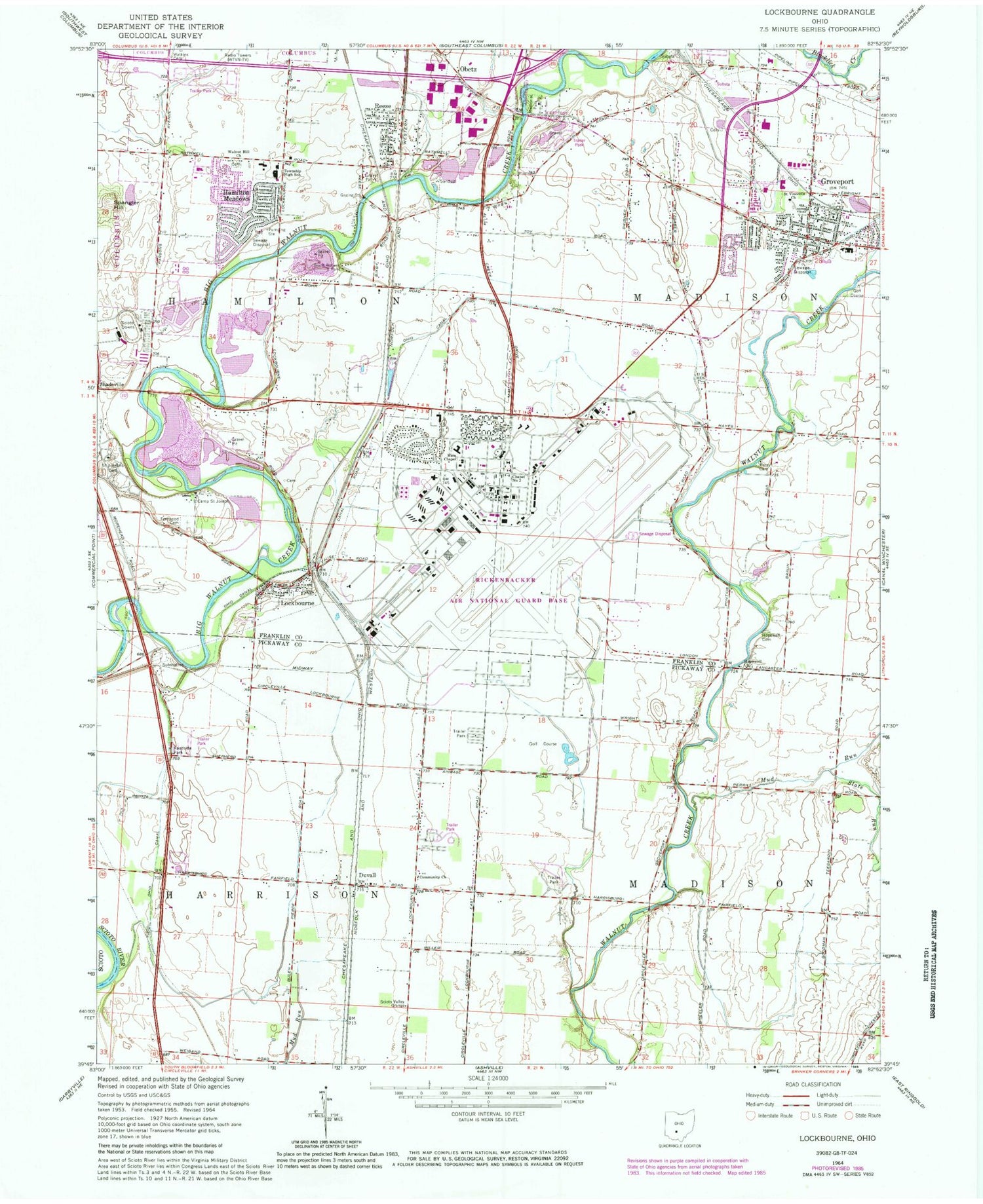 Classic USGS Lockbourne Ohio 7.5'x7.5' Topo Map Image