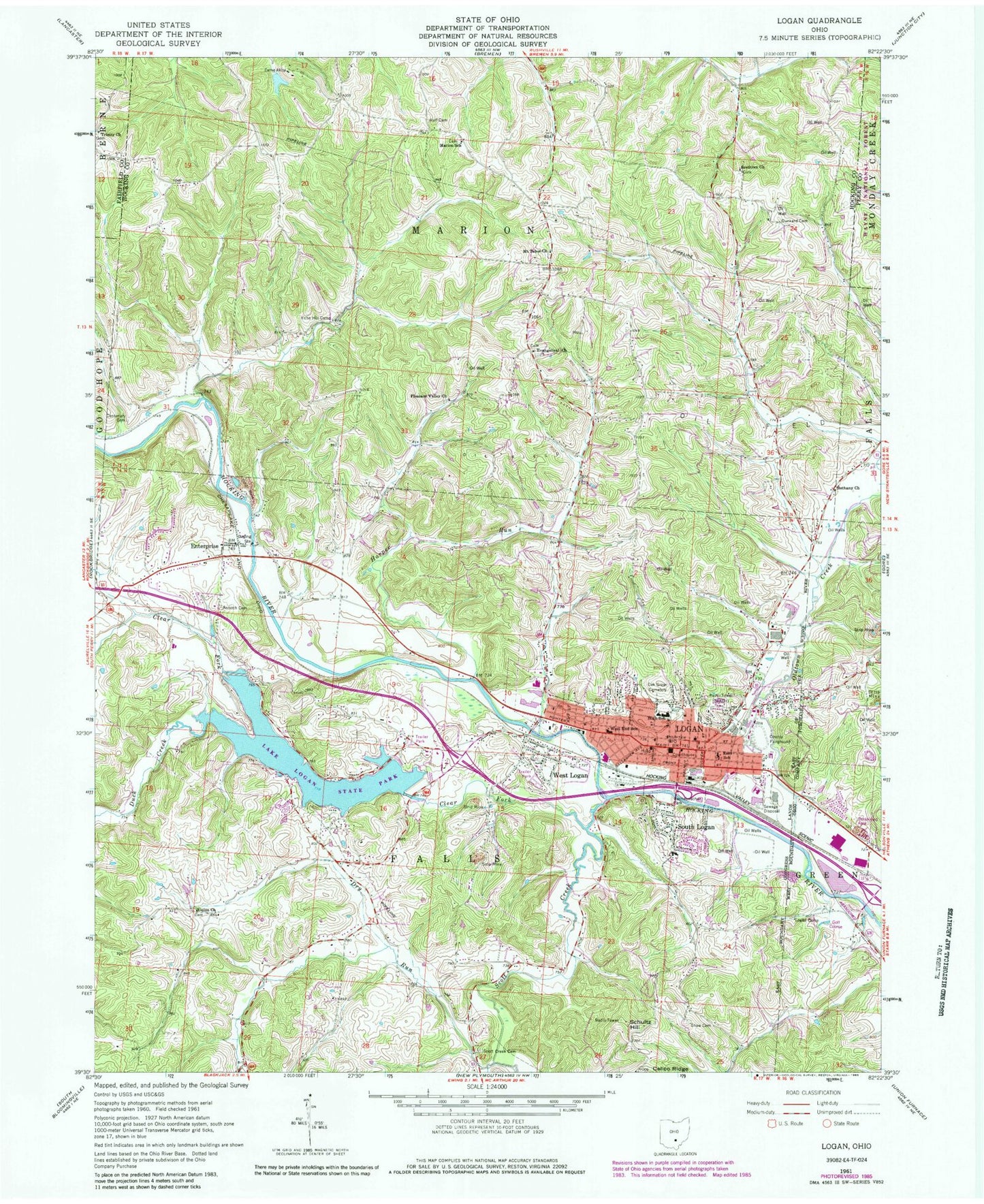 Classic USGS Logan Ohio 7.5'x7.5' Topo Map Image