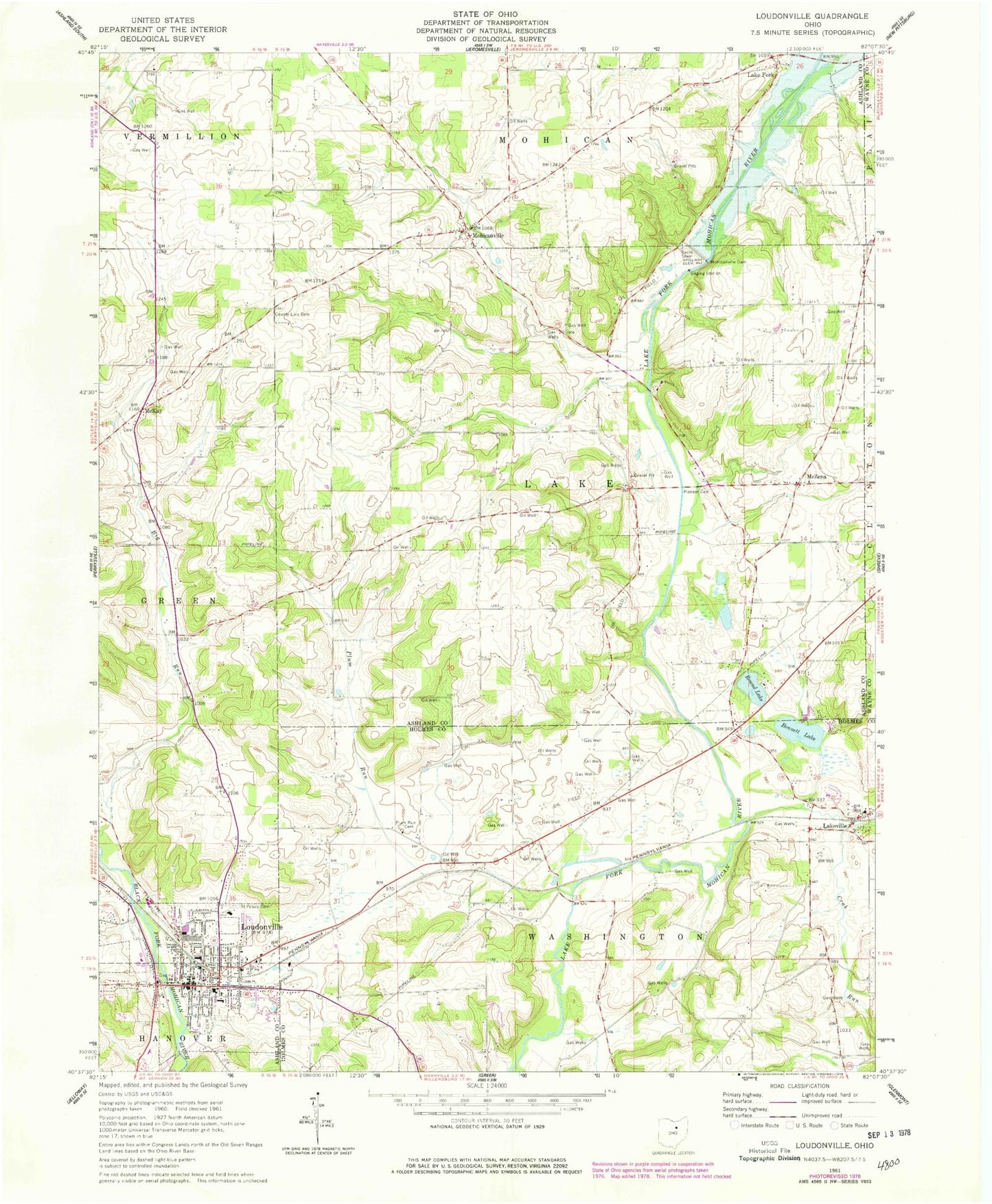 Classic USGS Loudonville Ohio 7.5'x7.5' Topo Map Image