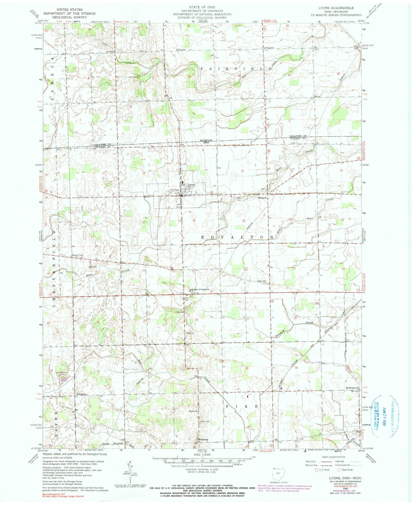 Classic USGS Lyons Ohio 7.5'x7.5' Topo Map Image