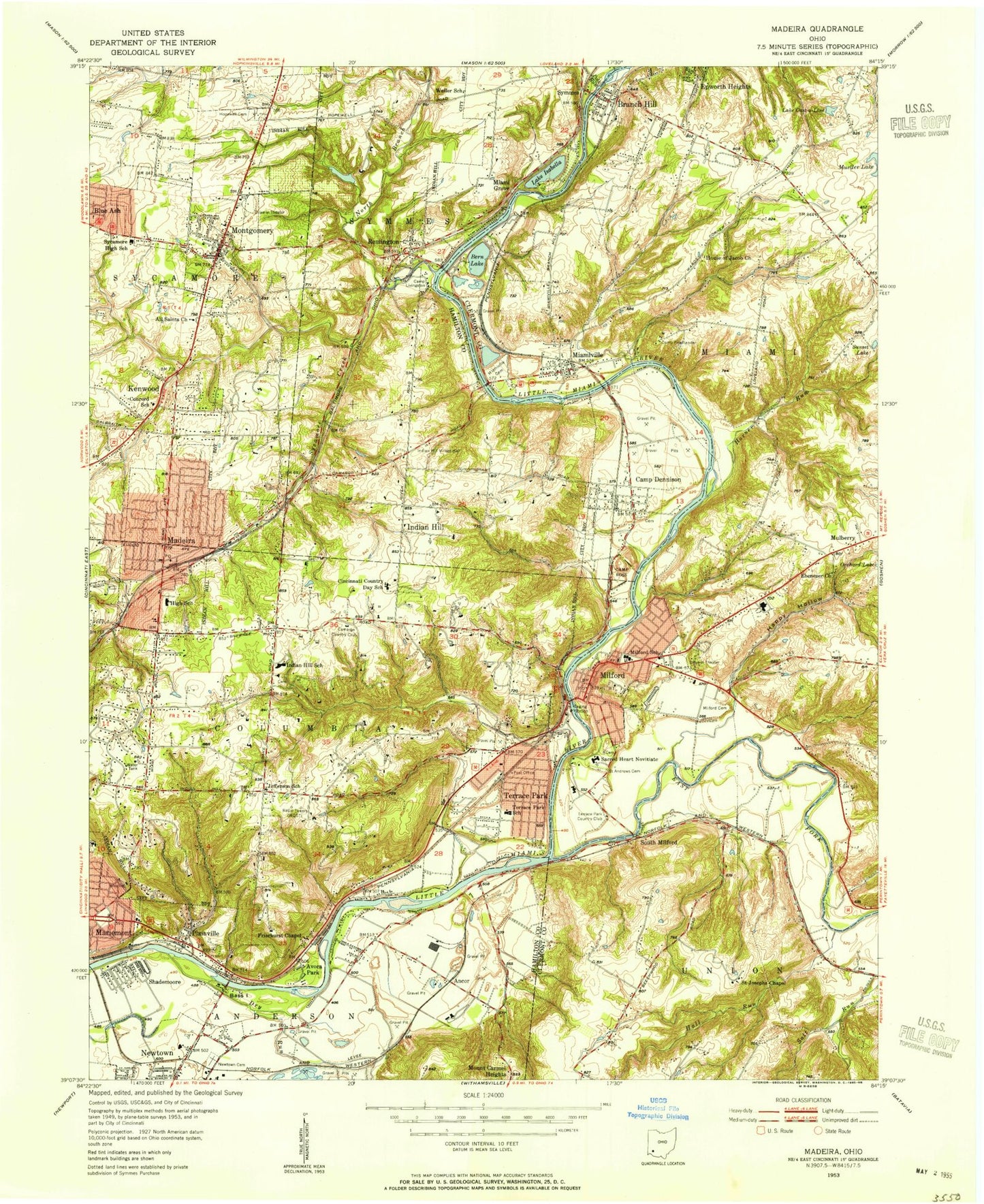 Classic USGS Madeira Ohio 7.5'x7.5' Topo Map Image