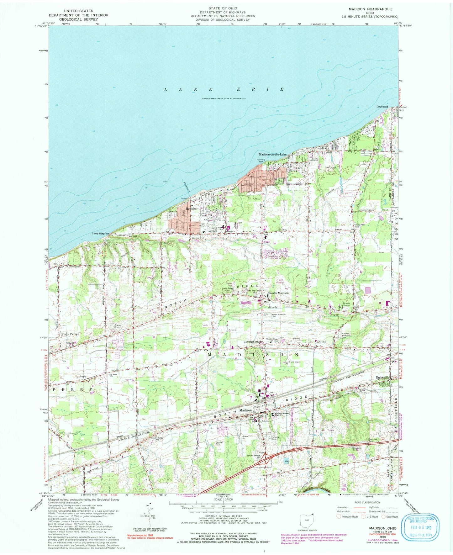 Classic USGS Madison Ohio 7.5'x7.5' Topo Map Image