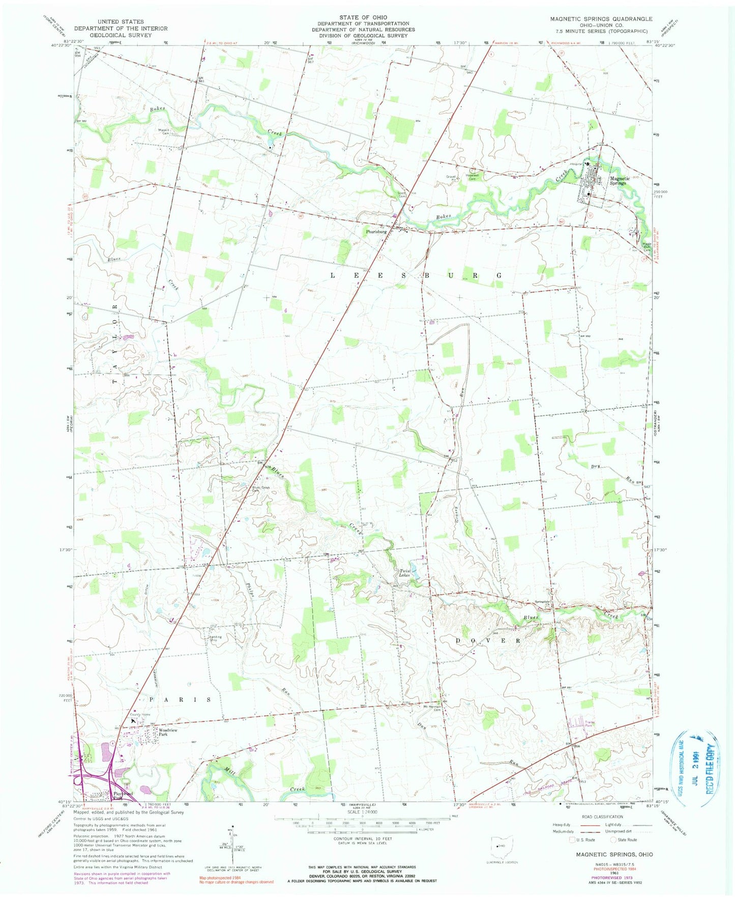 Classic USGS Magnetic Springs Ohio 7.5'x7.5' Topo Map Image