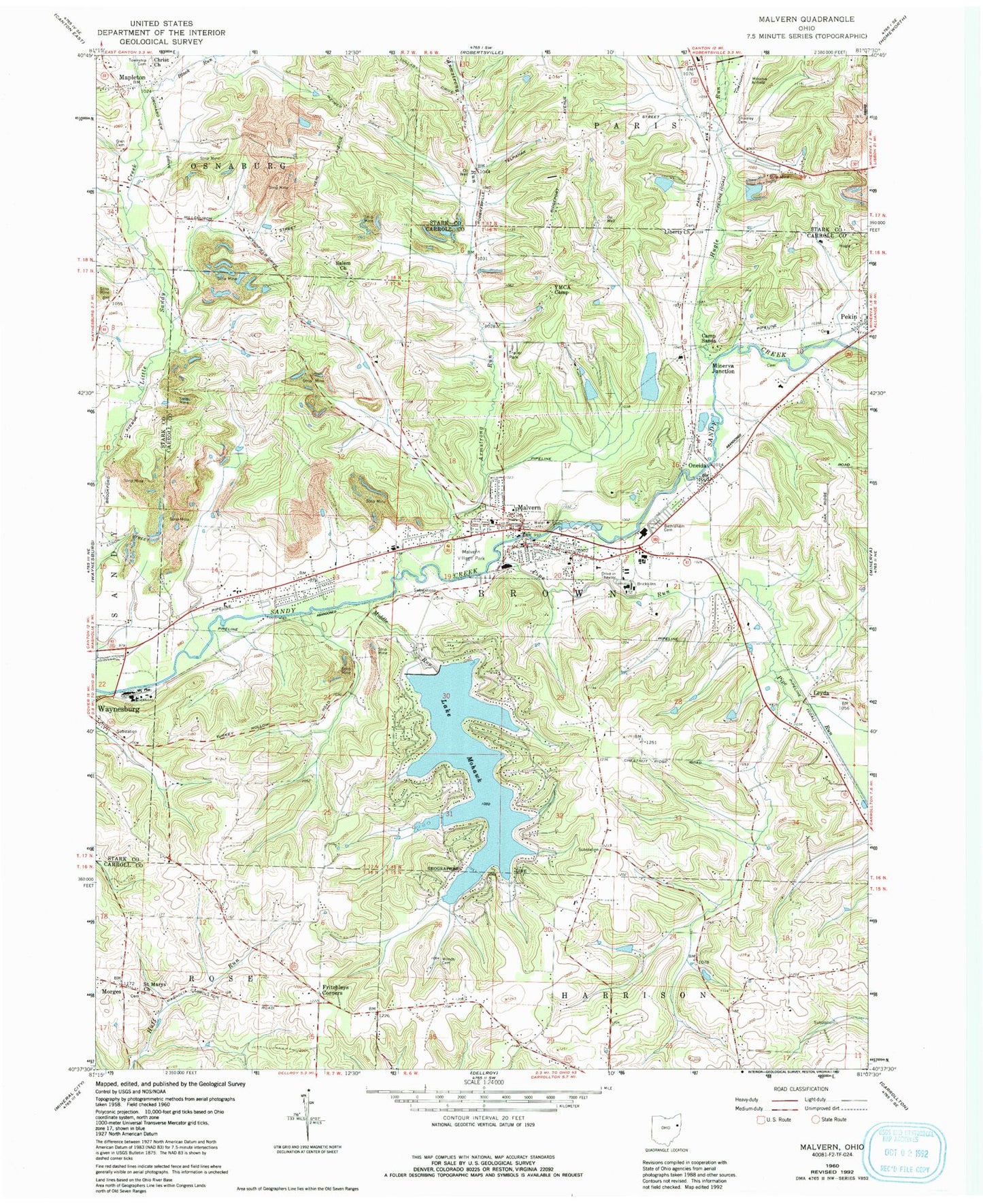 Classic USGS Malvern Ohio 7.5'x7.5' Topo Map Image