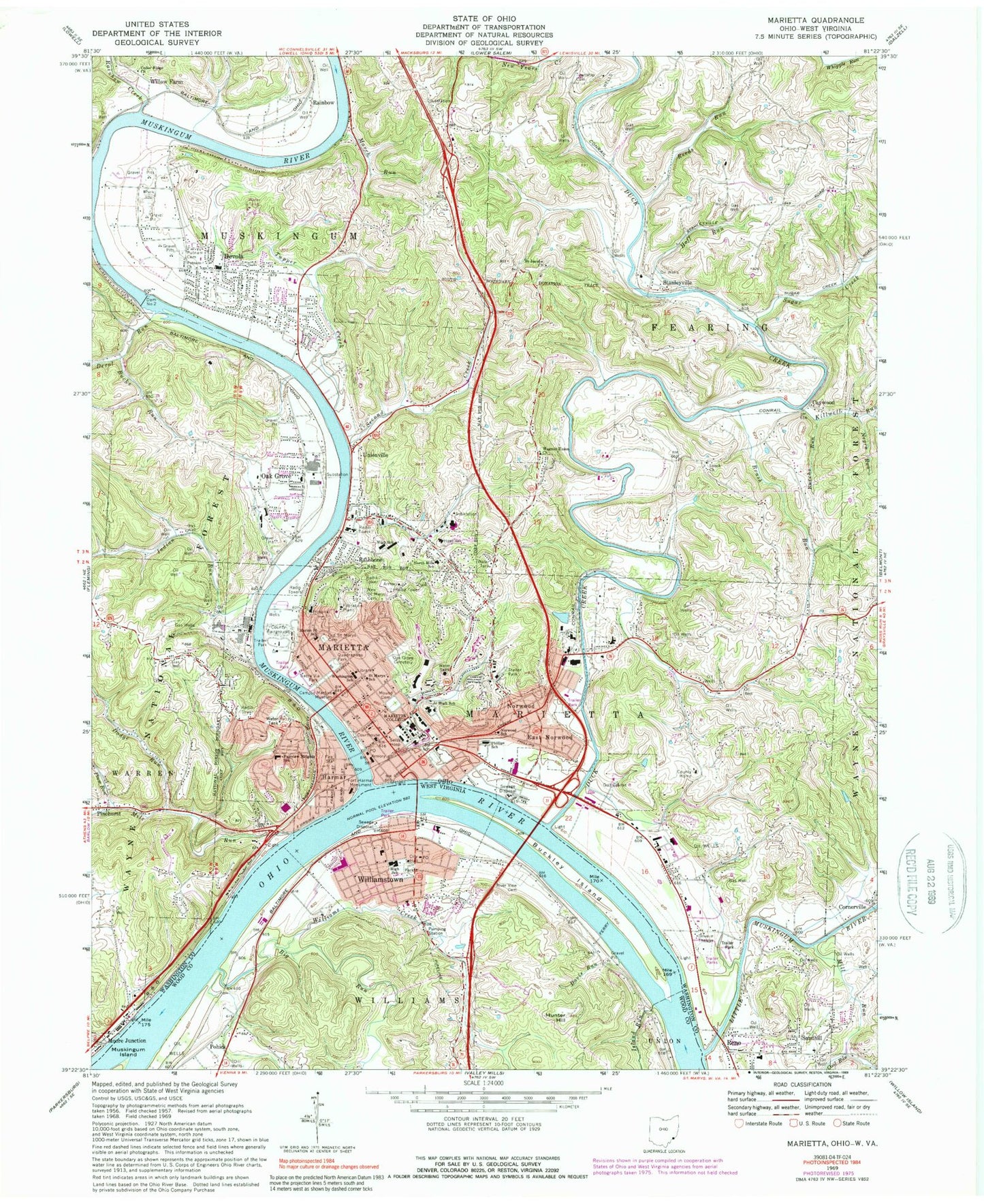 Classic USGS Marietta Ohio 7.5'x7.5' Topo Map Image