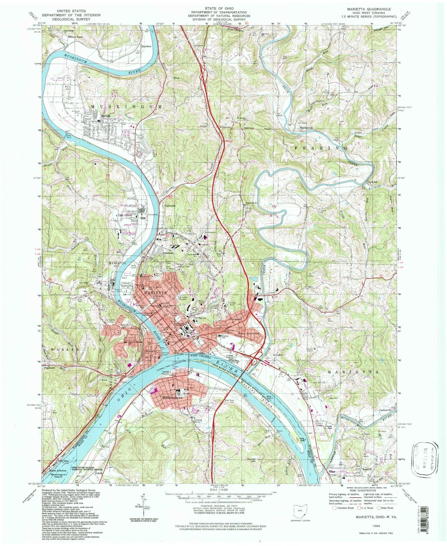 Classic USGS Marietta Ohio 7.5'x7.5' Topo Map Image