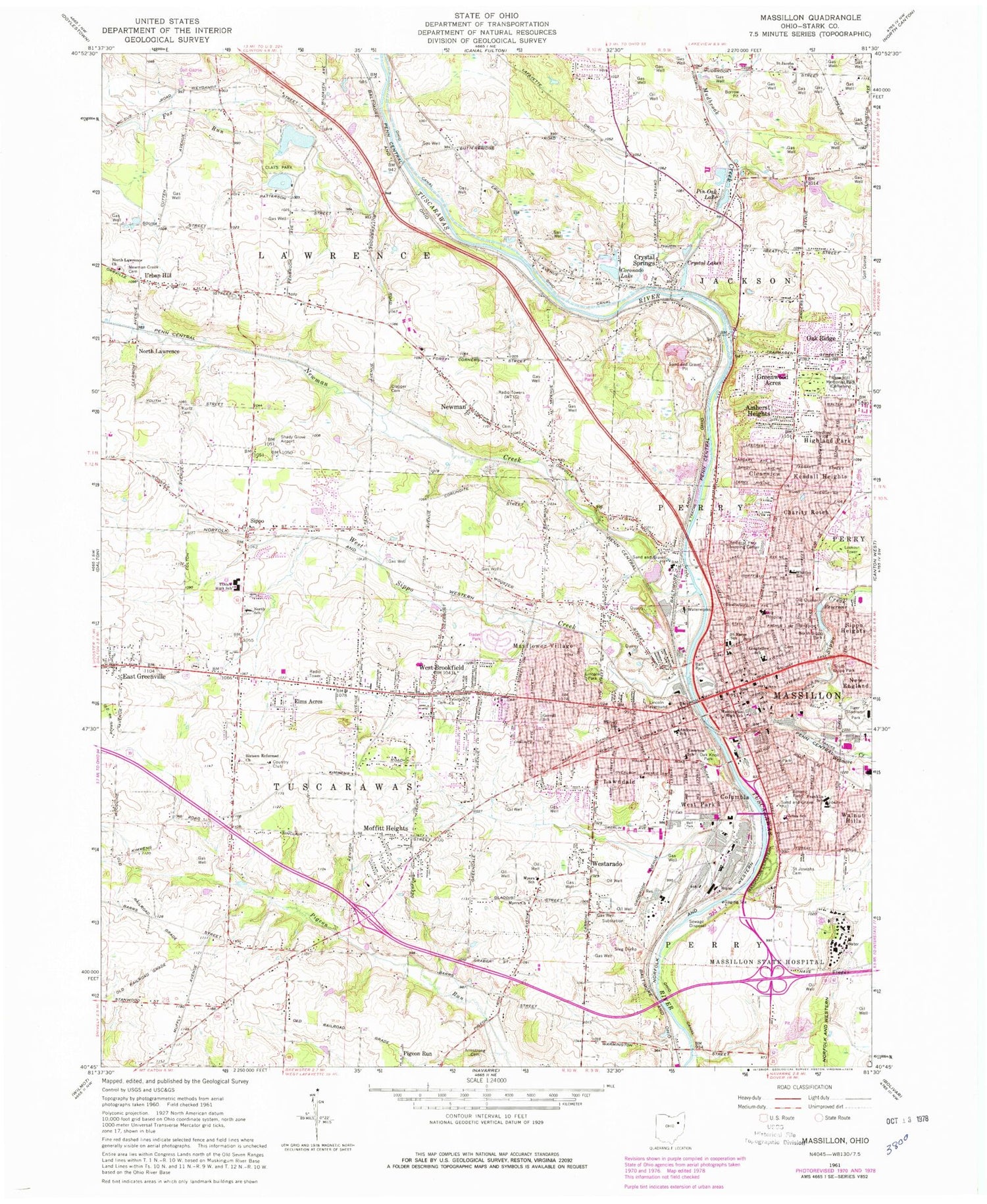 Classic USGS Massillon Ohio 7.5'x7.5' Topo Map Image