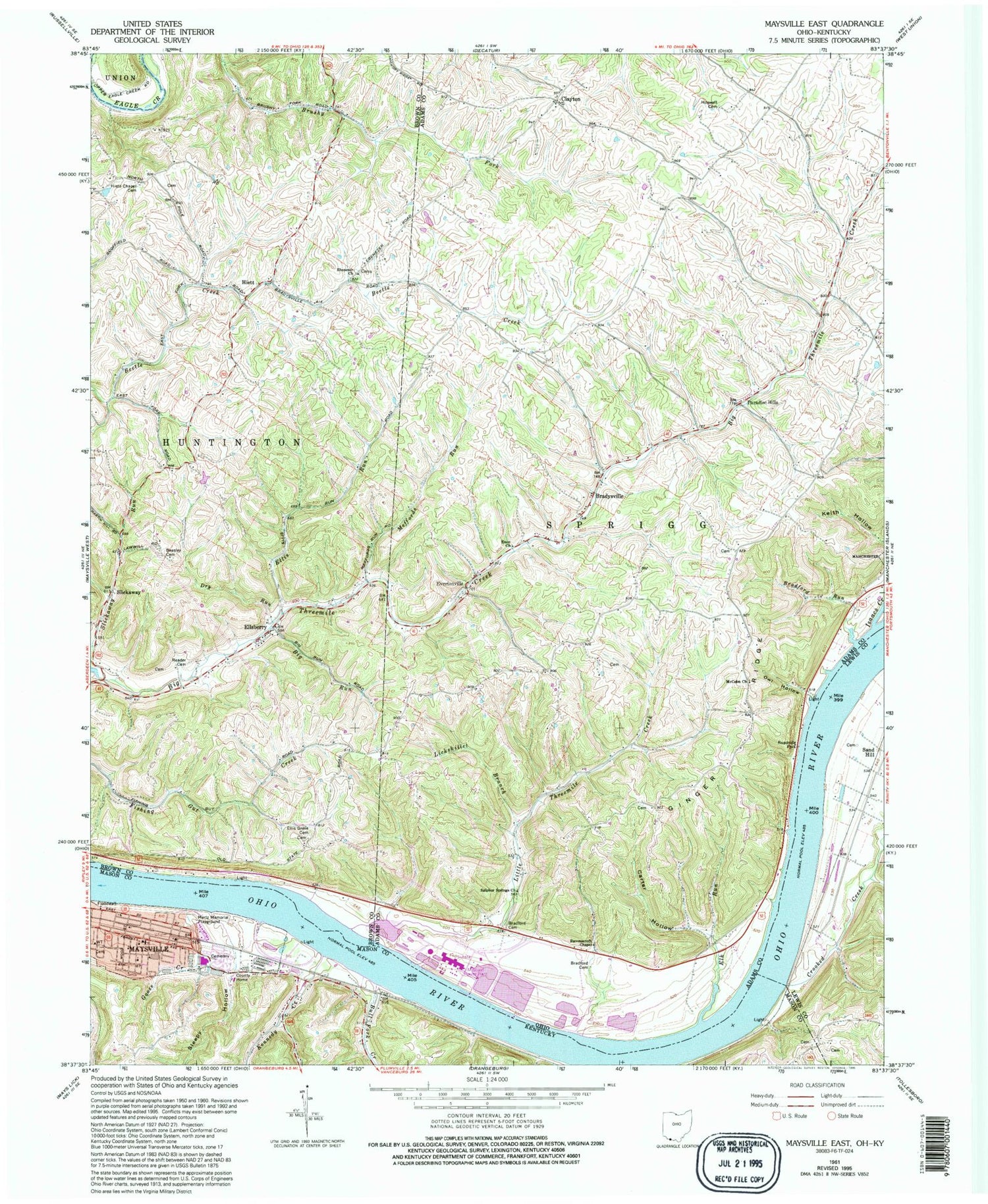 Classic USGS Maysville East Kentucky 7.5'x7.5' Topo Map Image