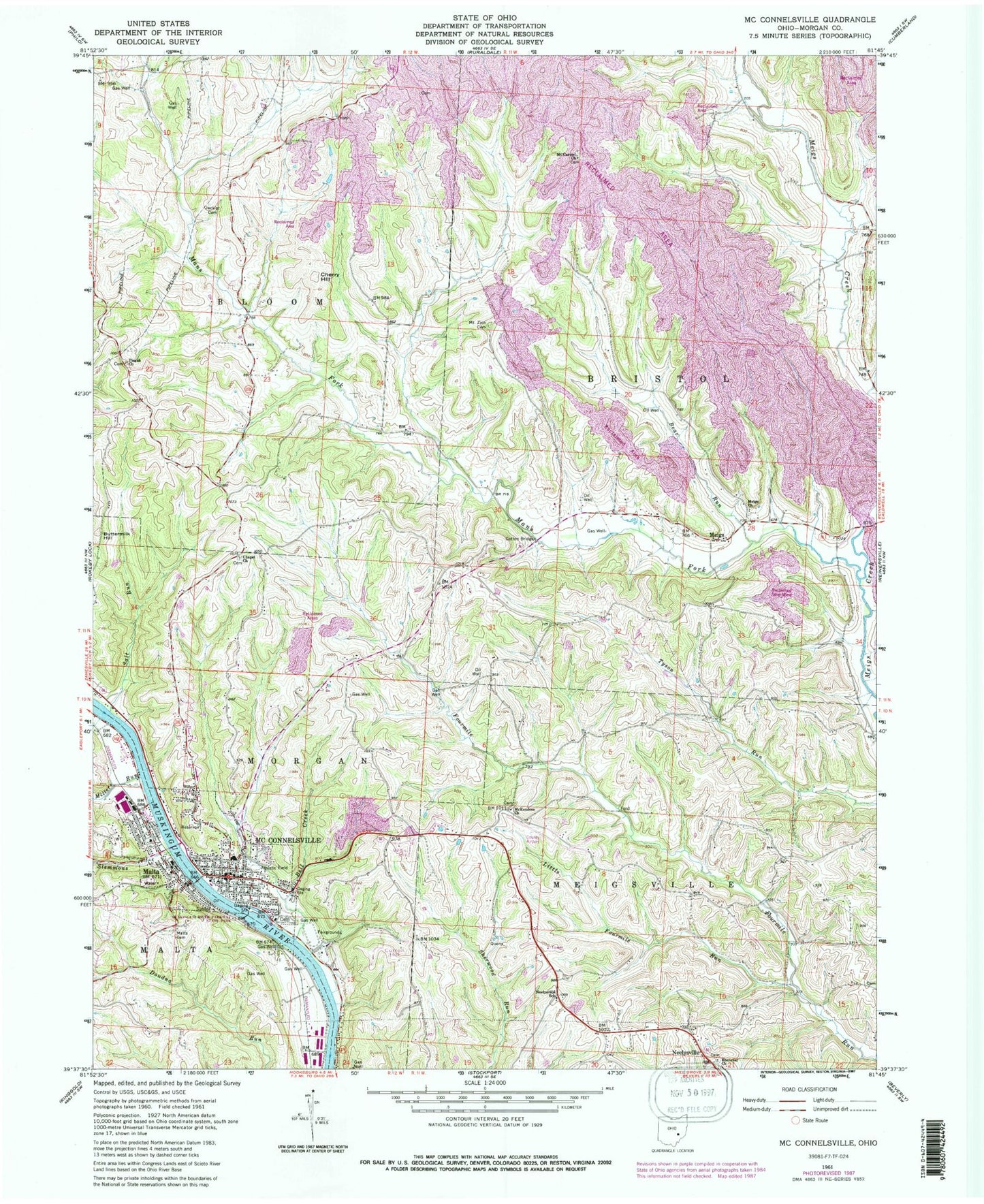Classic USGS McConnelsville Ohio 7.5'x7.5' Topo Map Image