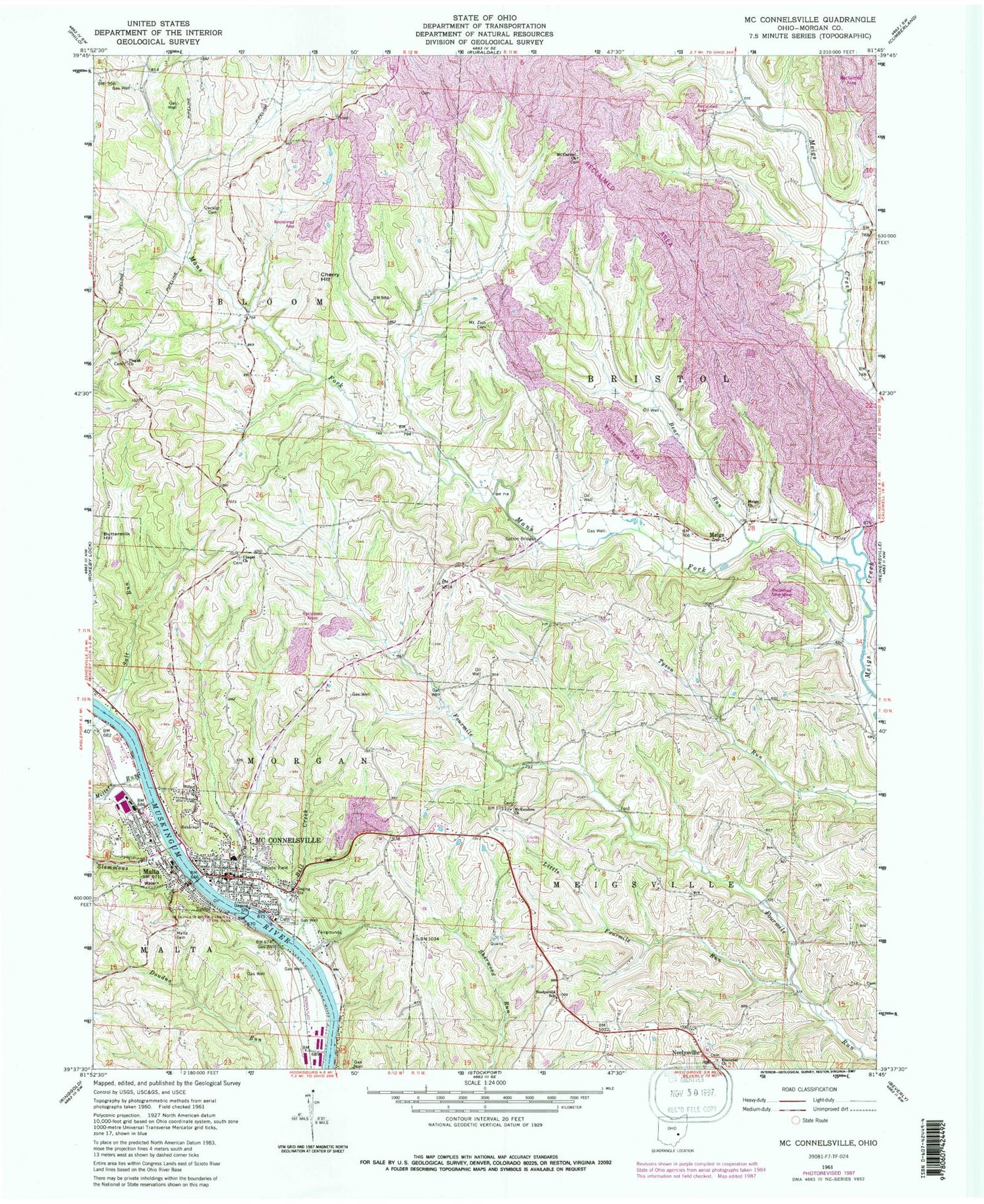 Classic USGS McConnelsville Ohio 7.5'x7.5' Topo Map Image