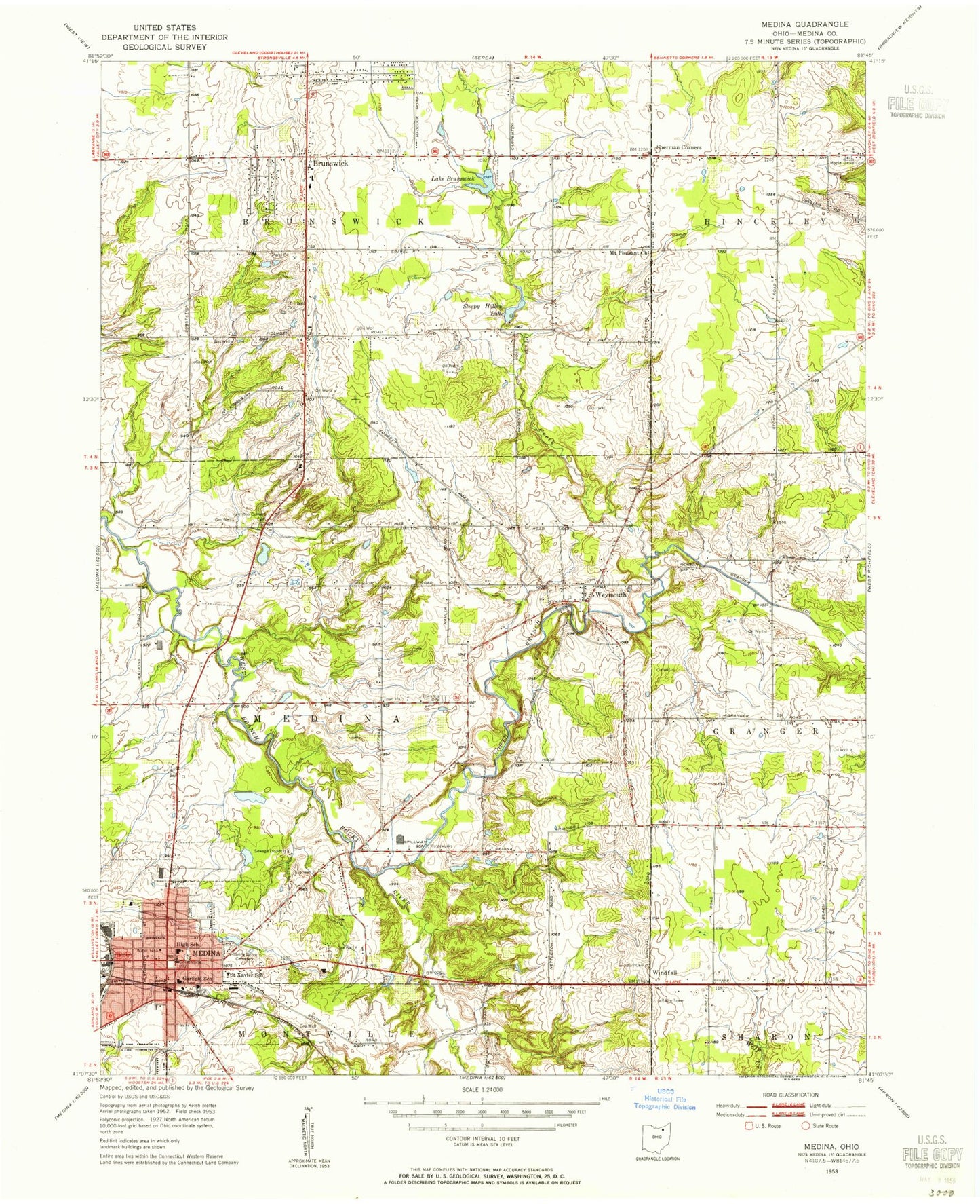Classic USGS Medina Ohio 7.5'x7.5' Topo Map Image