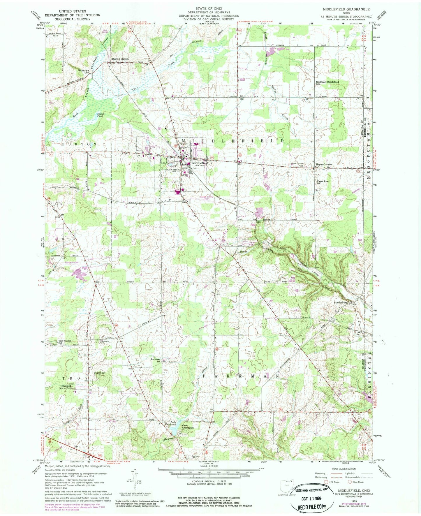 Classic USGS Middlefield Ohio 7.5'x7.5' Topo Map Image
