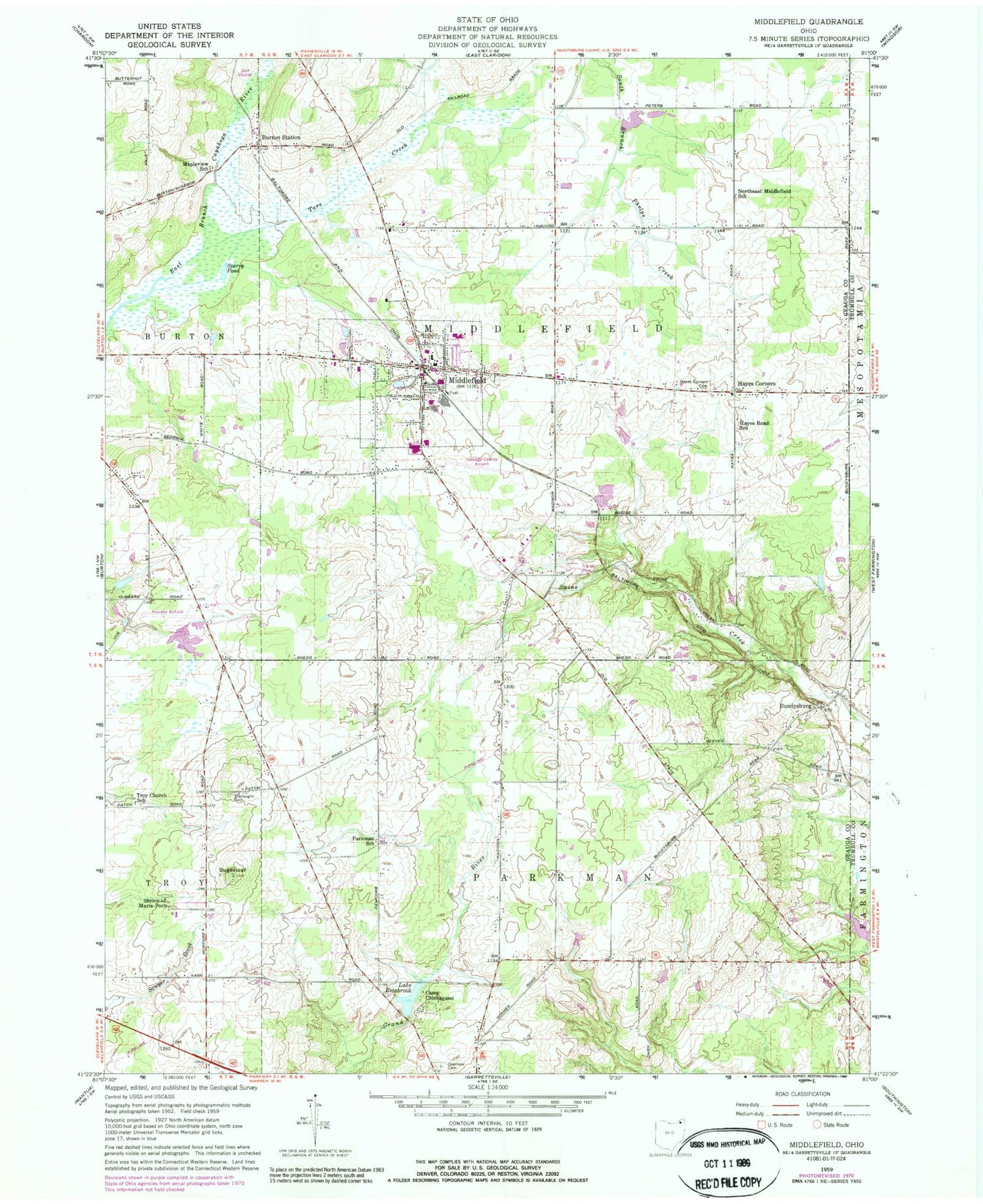 Classic USGS Middlefield Ohio 7.5'x7.5' Topo Map Image