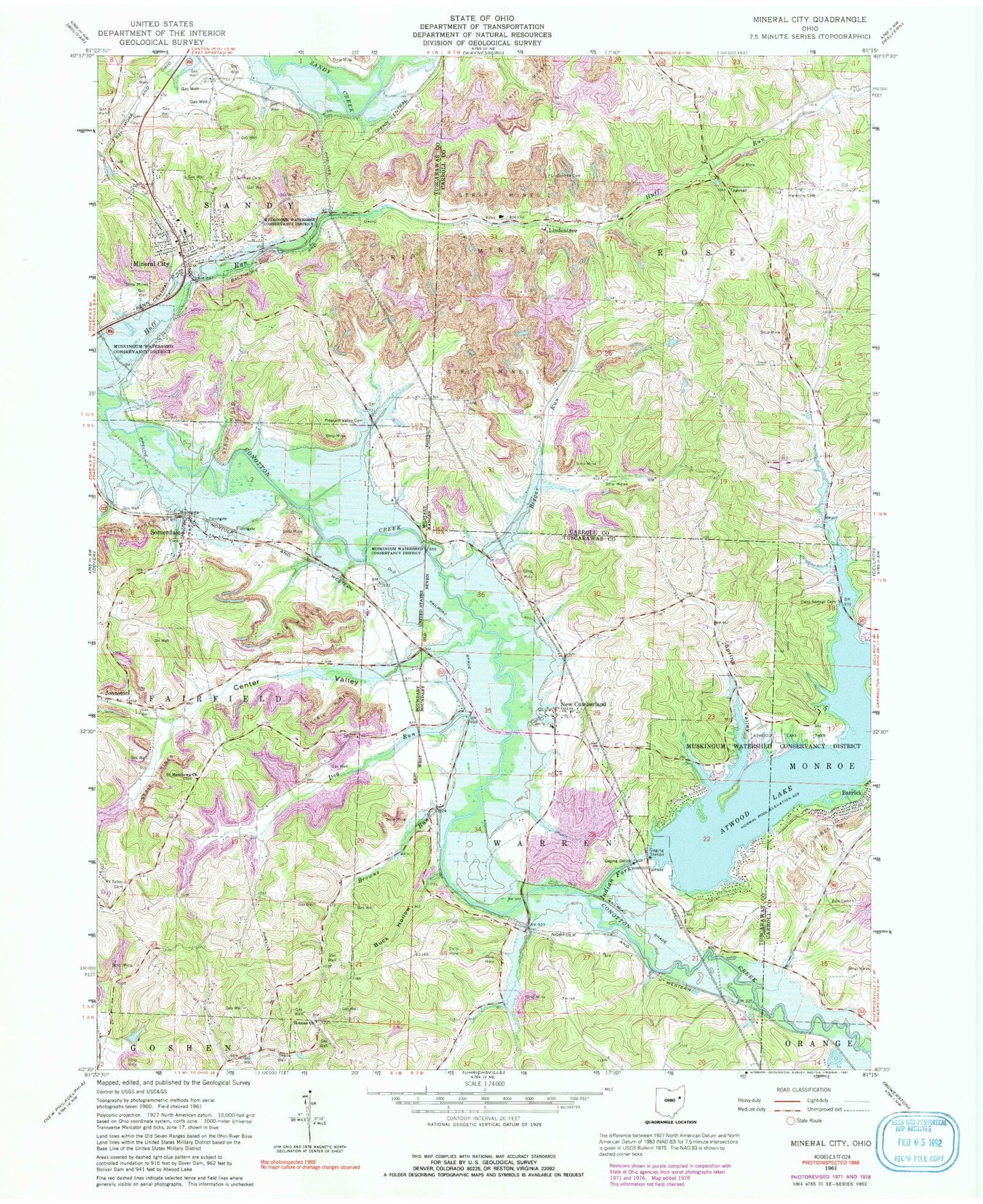 Classic USGS Mineral City Ohio 7.5'x7.5' Topo Map Image