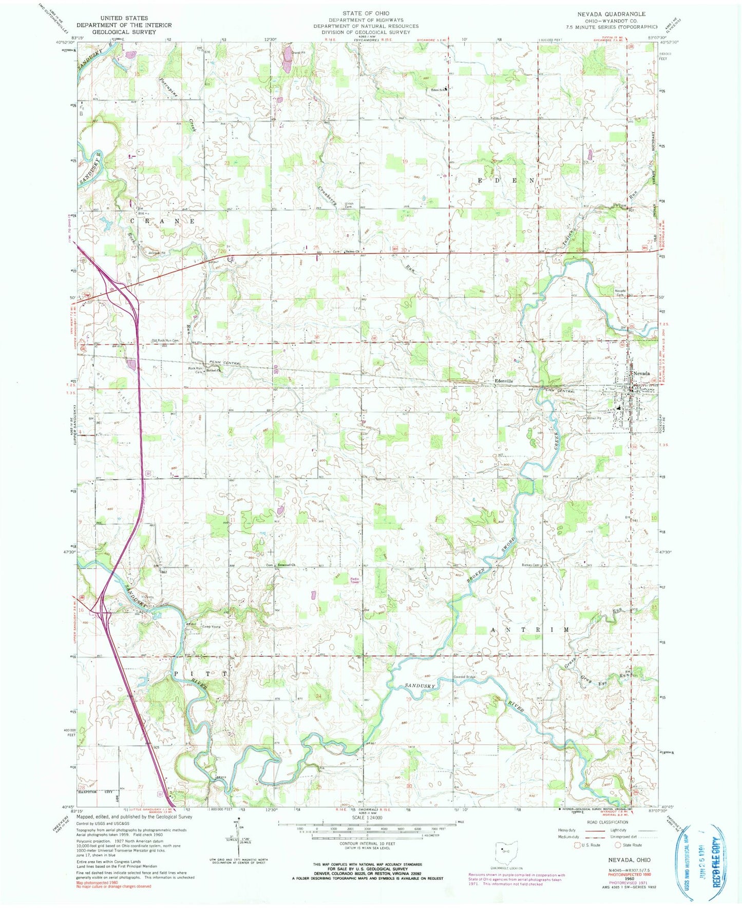Classic USGS Nevada Ohio 7.5'x7.5' Topo Map Image