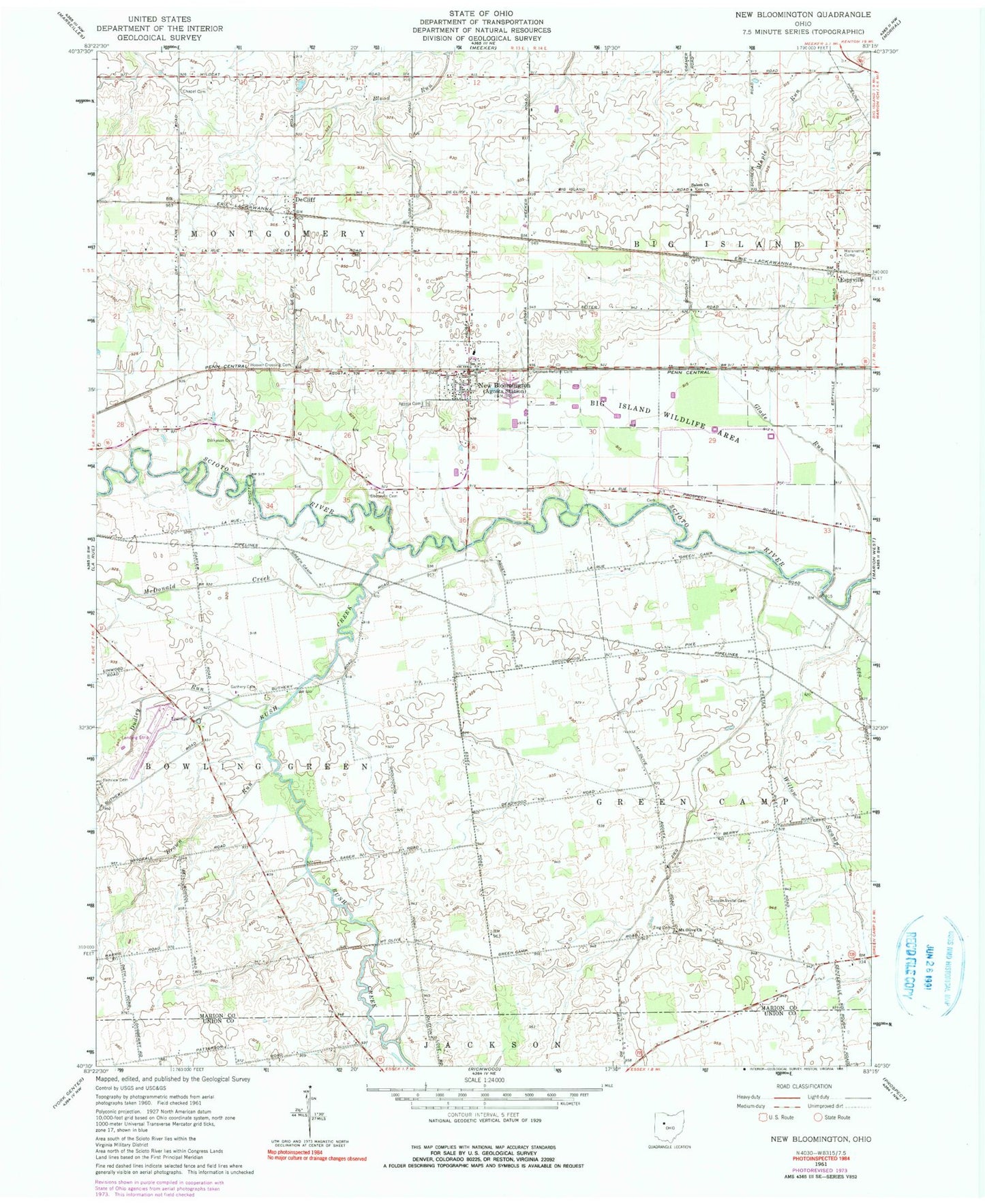 Classic USGS New Bloomington Ohio 7.5'x7.5' Topo Map Image
