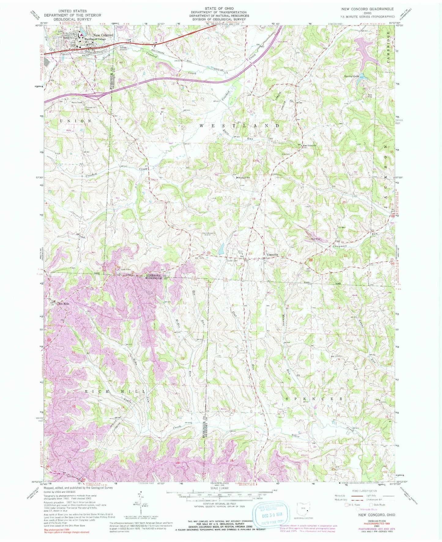 Classic USGS New Concord Ohio 7.5'x7.5' Topo Map Image