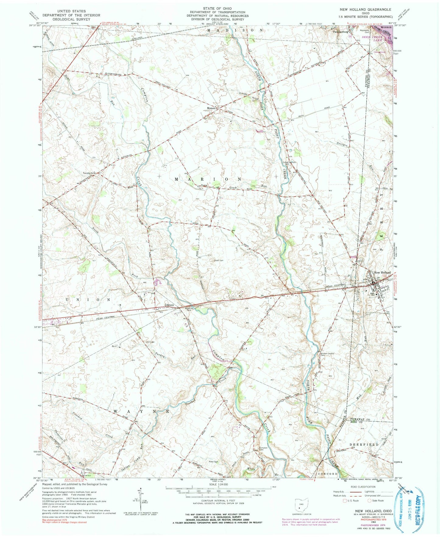 Classic USGS New Holland Ohio 7.5'x7.5' Topo Map Image
