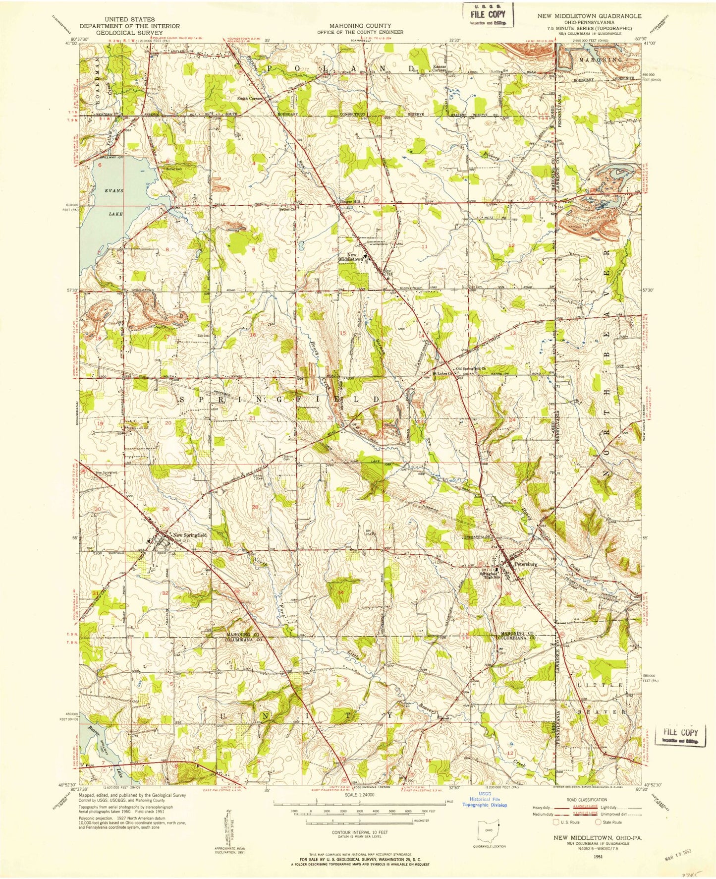 Classic USGS New Middletown Ohio 7.5'x7.5' Topo Map Image