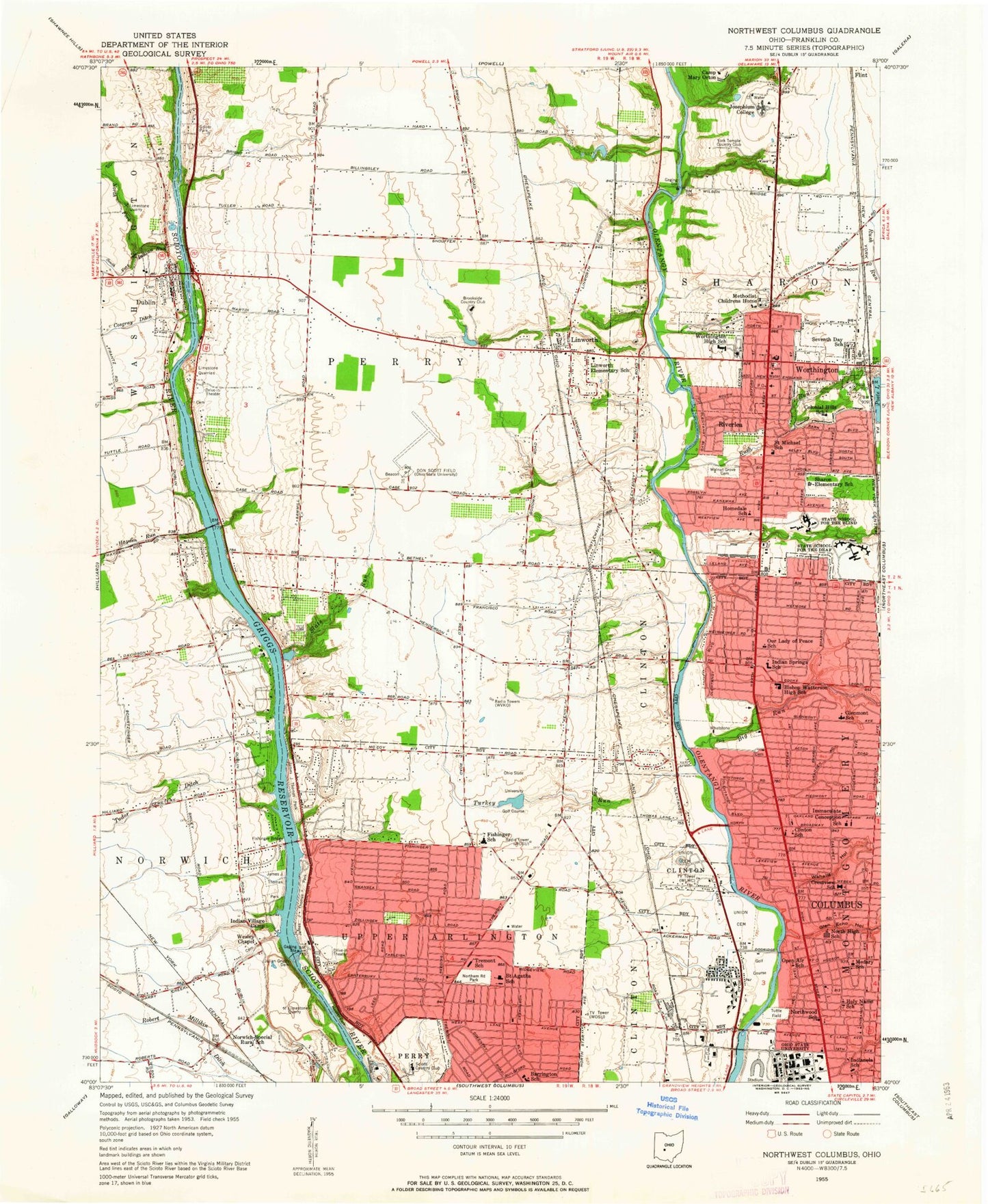 Classic USGS Northwest Columbus Ohio 7.5'x7.5' Topo Map Image