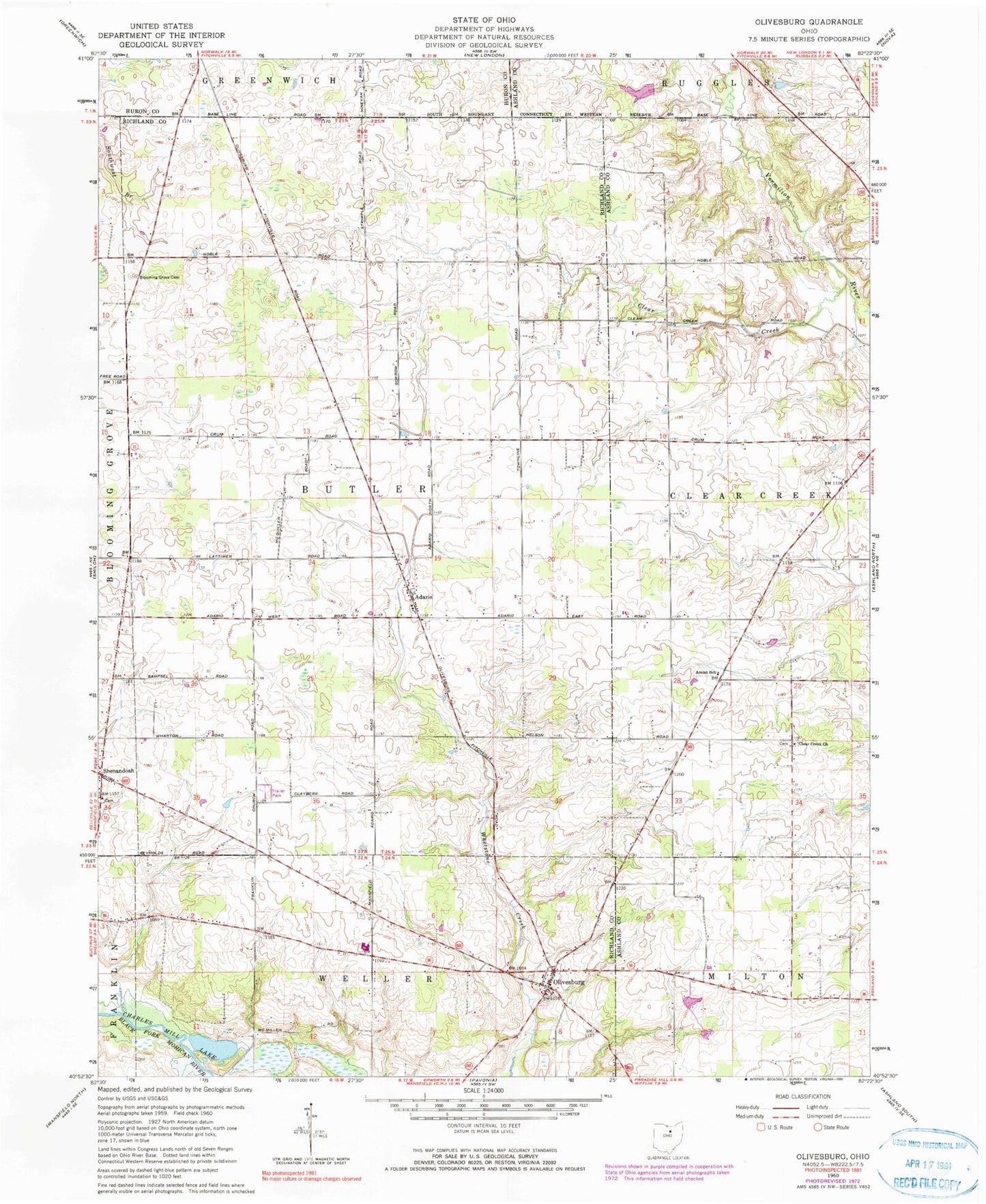 Classic USGS Olivesburg Ohio 7.5'x7.5' Topo Map Image