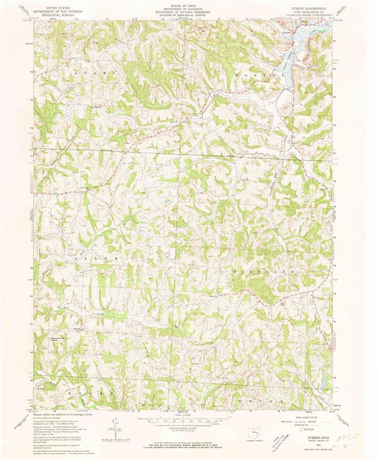 Classic USGS Otsego Ohio 7.5'x7.5' Topo Map Image
