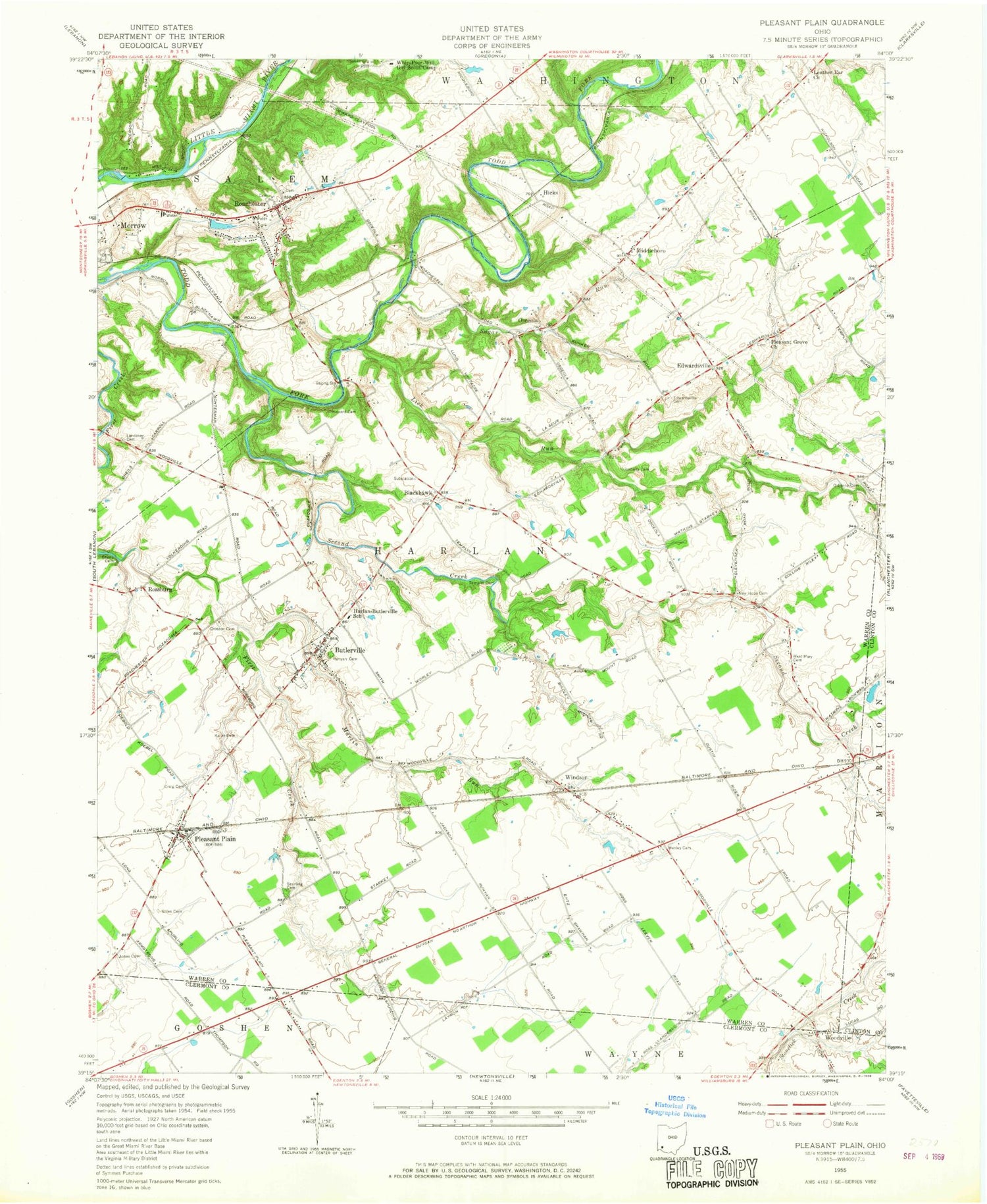 Classic USGS Pleasant Plain Ohio 7.5'x7.5' Topo Map Image