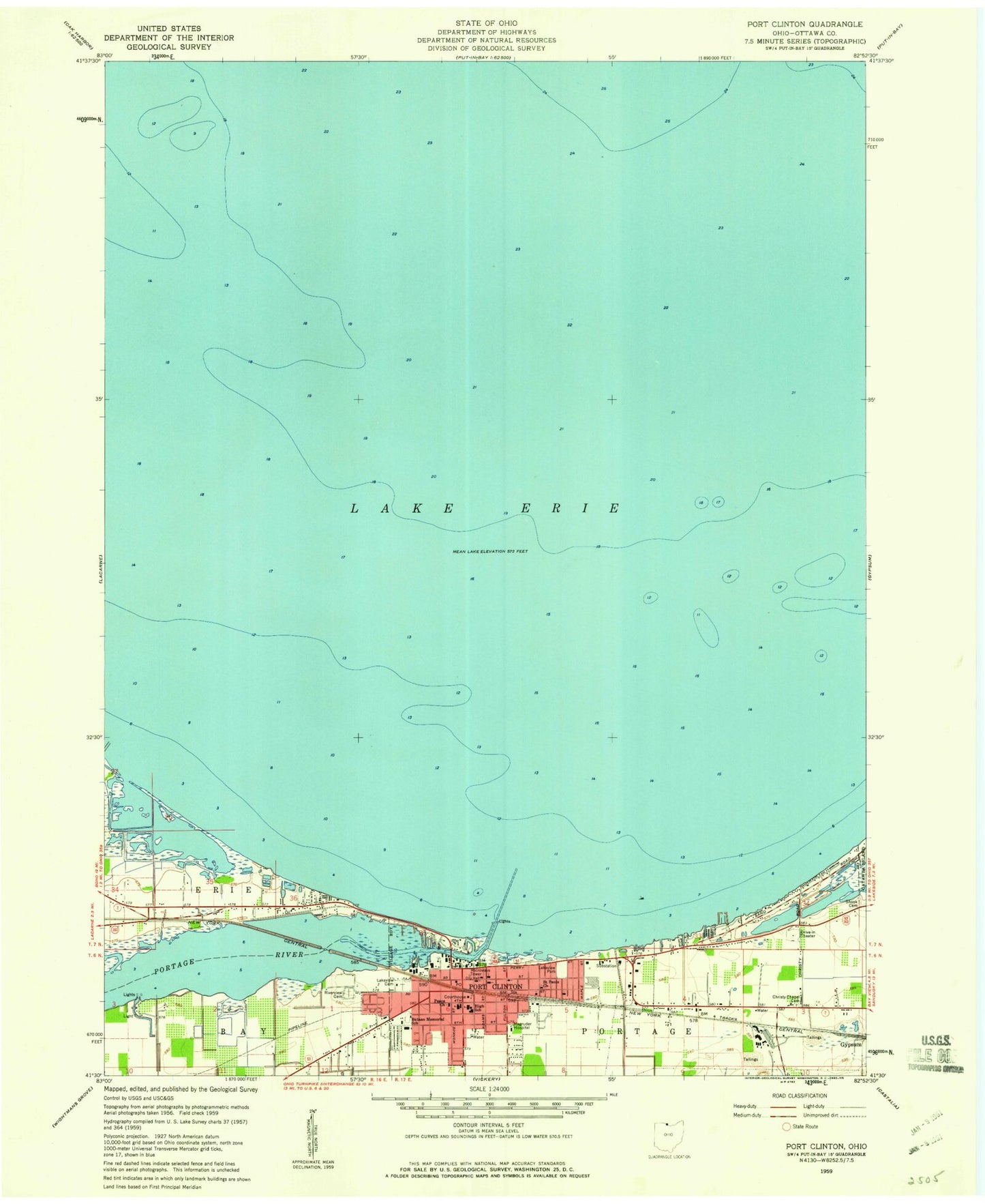 Classic USGS Port Clinton Ohio 7.5'x7.5' Topo Map Image