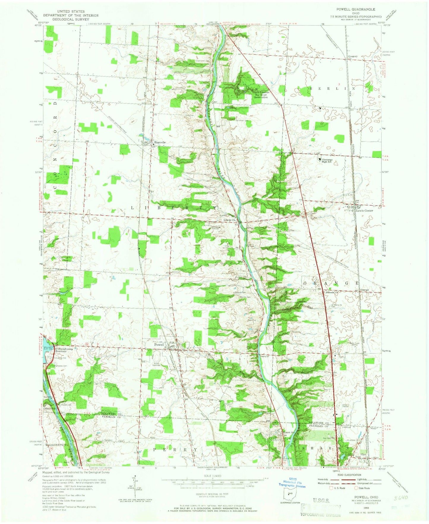 Classic USGS Powell Ohio 7.5'x7.5' Topo Map Image