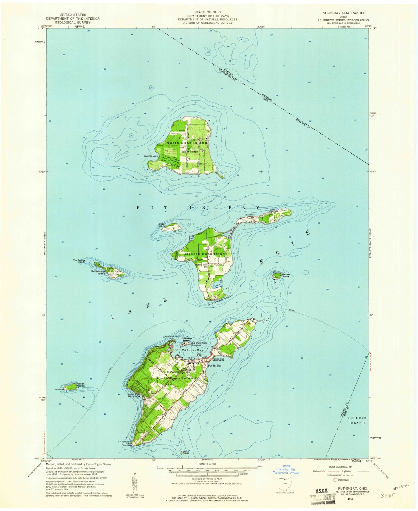 Classic USGS Put-in-Bay Ohio 7.5'x7.5' Topo Map Image