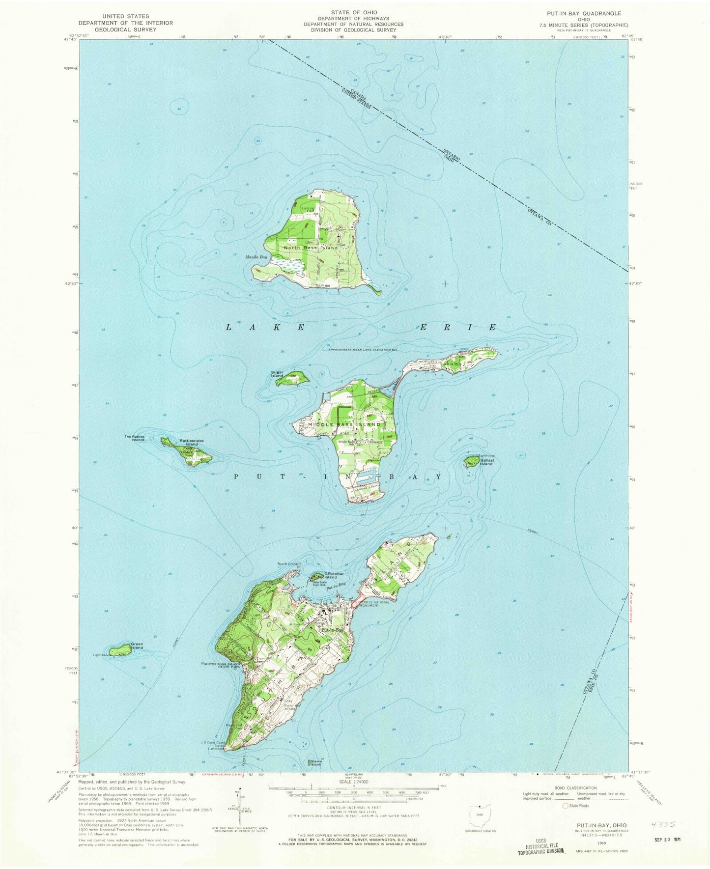 Classic USGS Put-in-Bay Ohio 7.5'x7.5' Topo Map Image