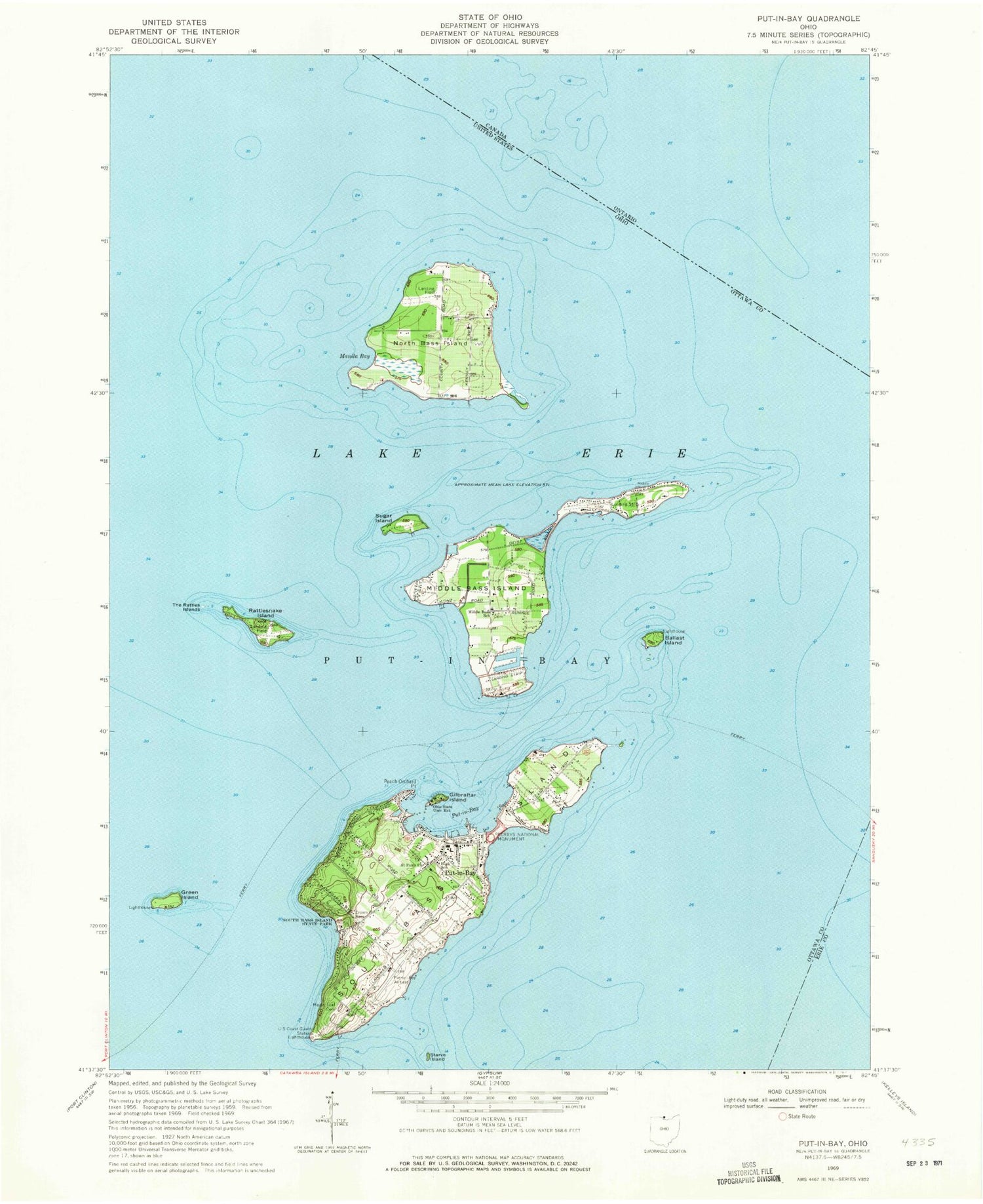 Classic USGS Put-in-Bay Ohio 7.5'x7.5' Topo Map Image