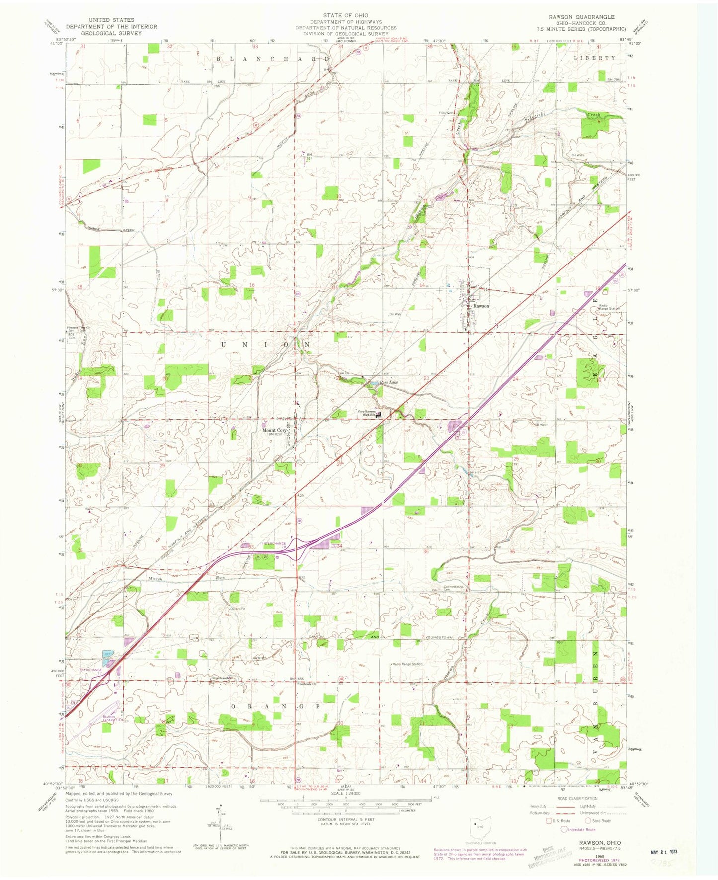 Classic USGS Rawson Ohio 7.5'x7.5' Topo Map Image