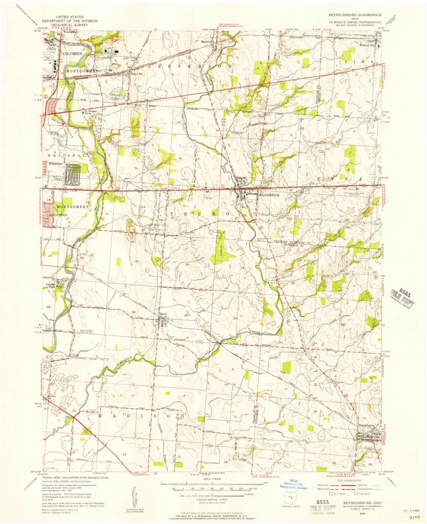 Classic USGS Reynoldsburg Ohio 7.5'x7.5' Topo Map Image