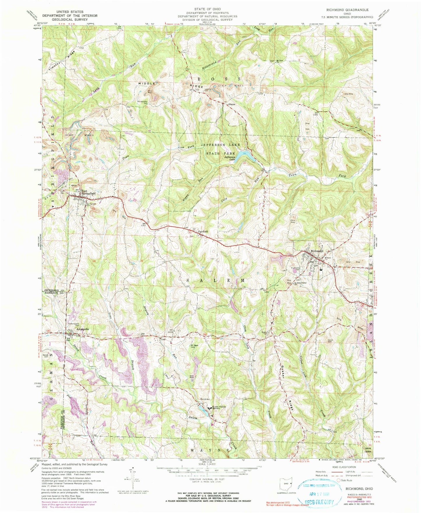 Classic USGS Richmond Ohio 7.5'x7.5' Topo Map Image