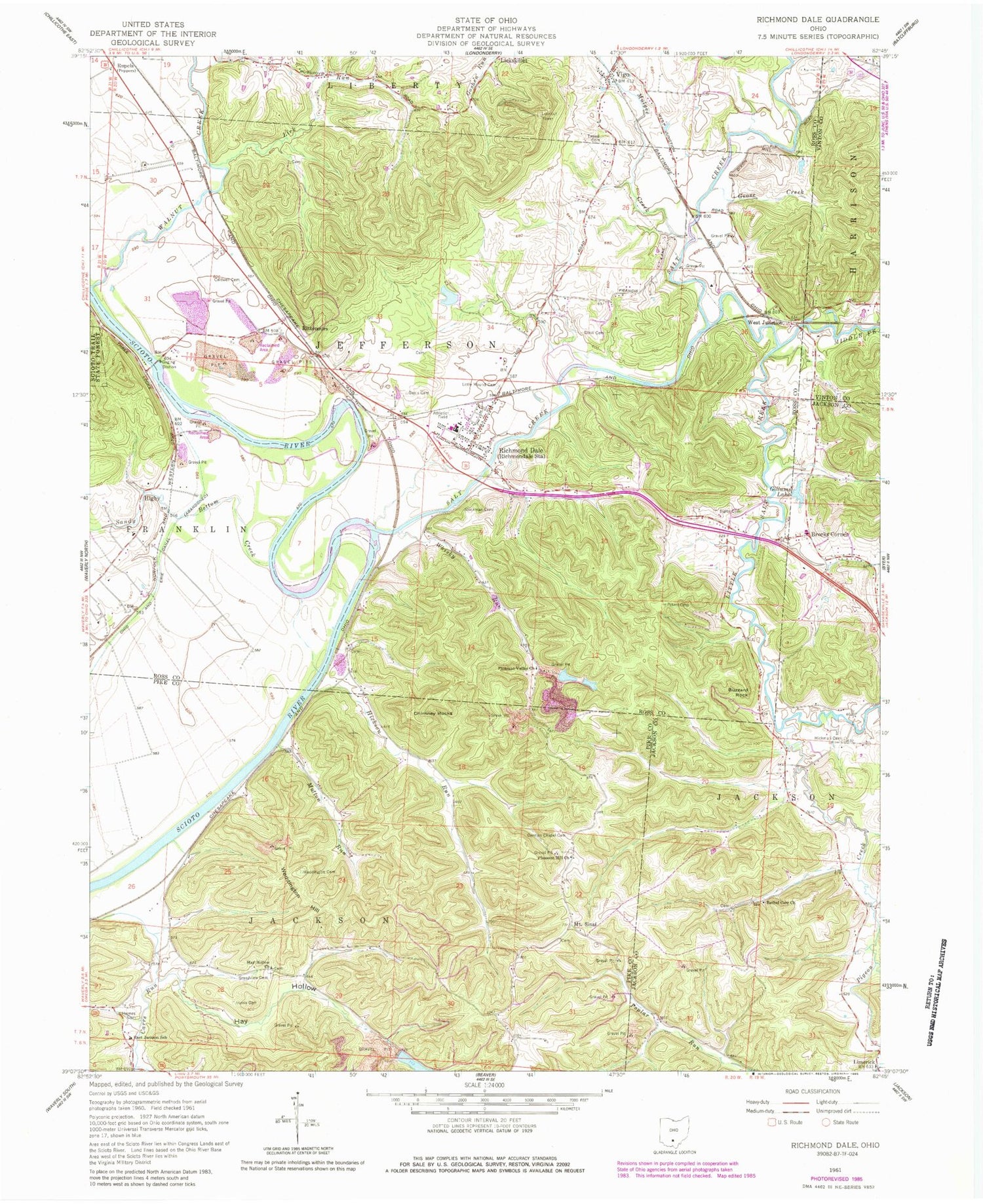 Classic USGS Richmond Dale Ohio 7.5'x7.5' Topo Map Image
