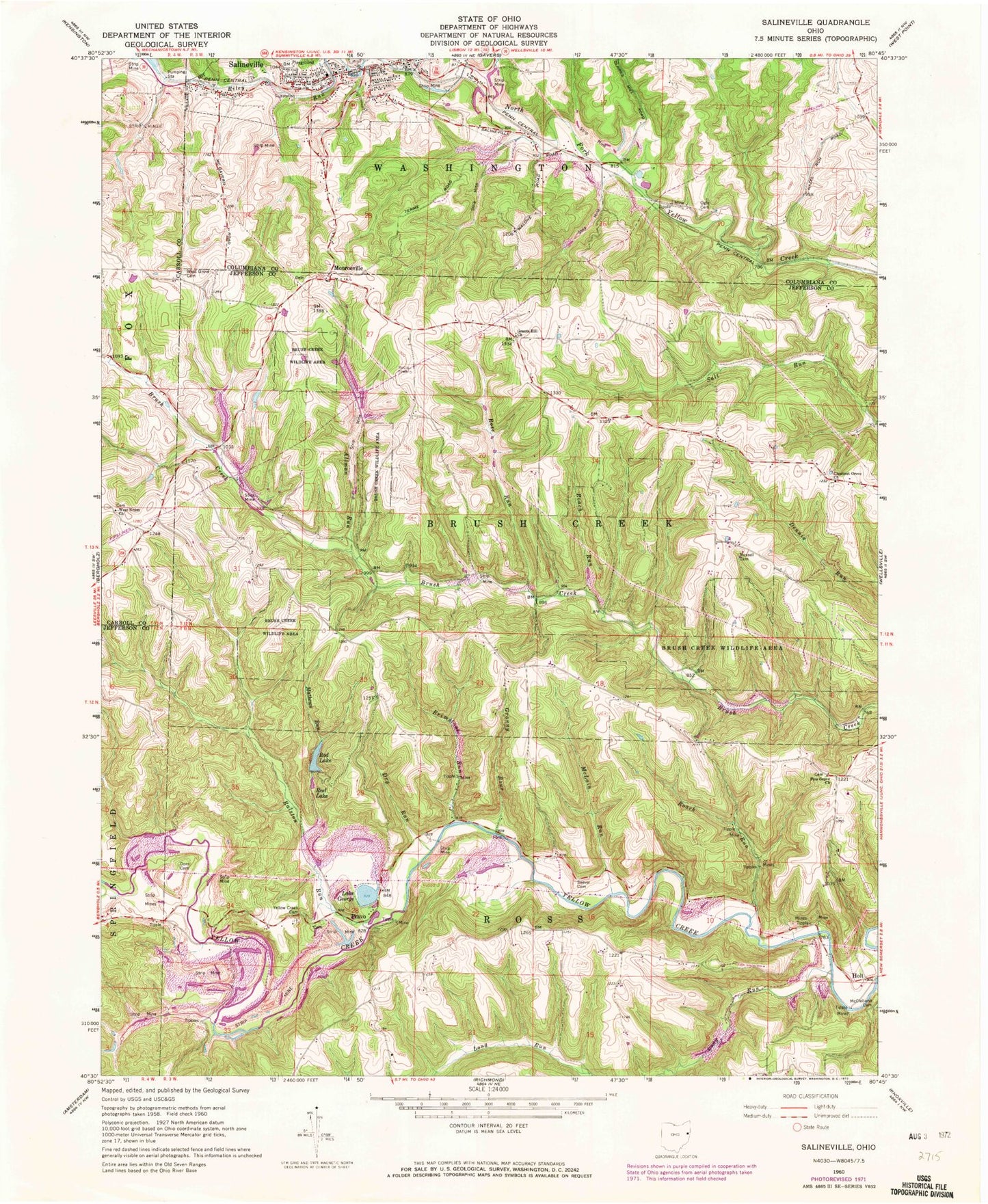 Classic USGS Salineville Ohio 7.5'x7.5' Topo Map Image