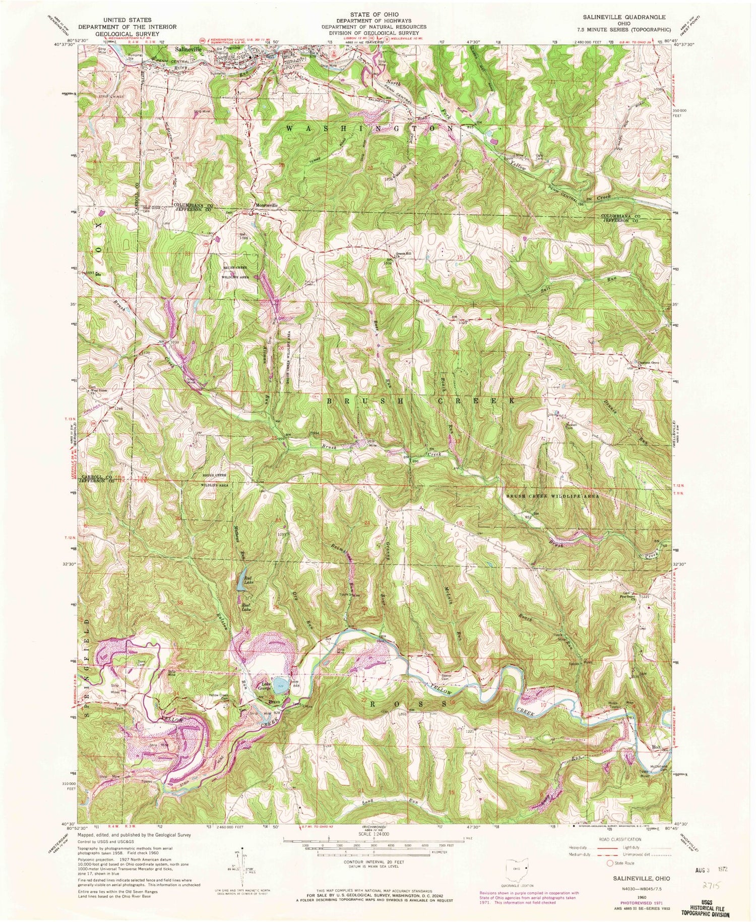 Classic USGS Salineville Ohio 7.5'x7.5' Topo Map Image