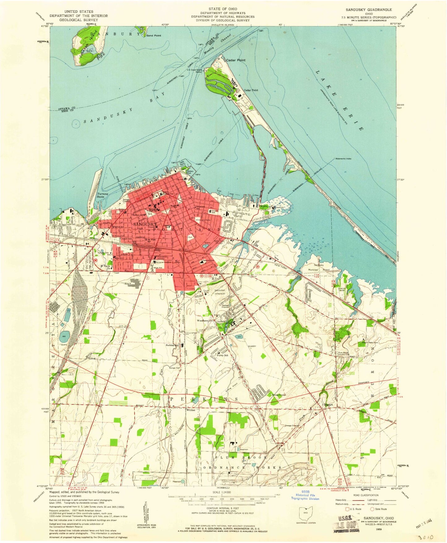 Classic USGS Sandusky Ohio 7.5'x7.5' Topo Map Image