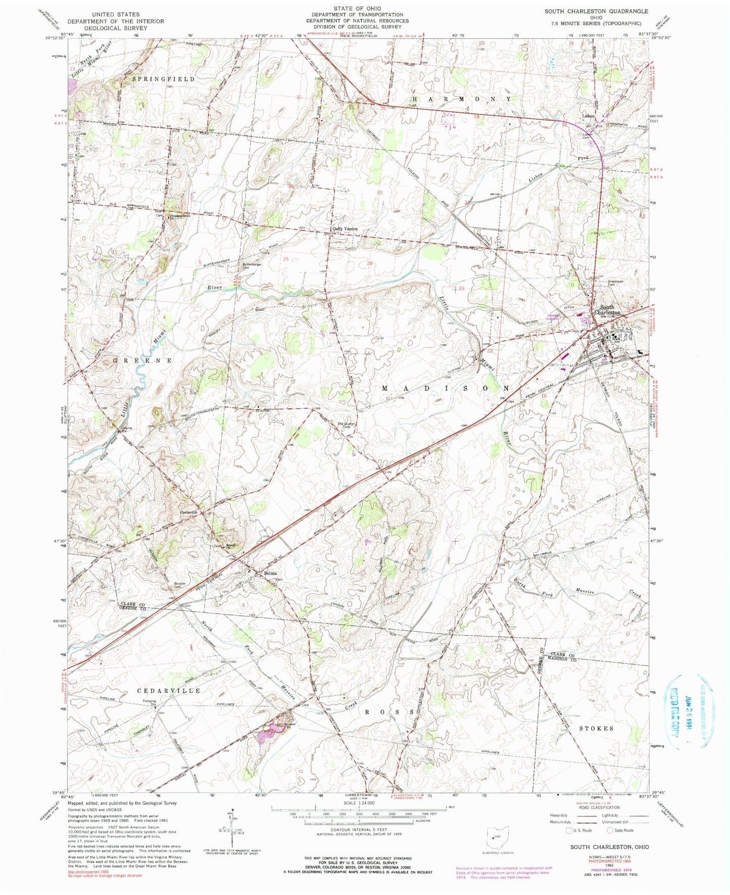 Classic USGS South Charleston Ohio 7.5'x7.5' Topo Map Image