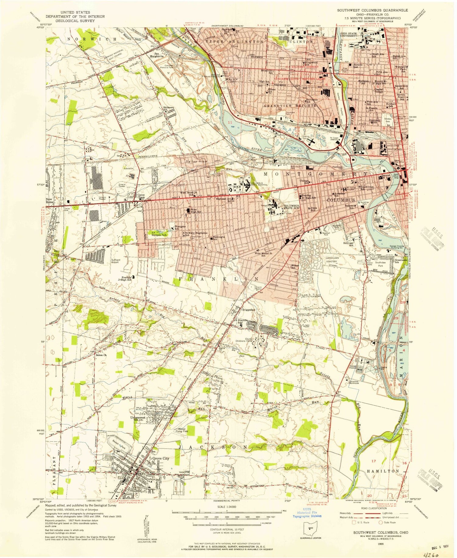 Classic USGS Southwest Columbus Ohio 7.5'x7.5' Topo Map Image