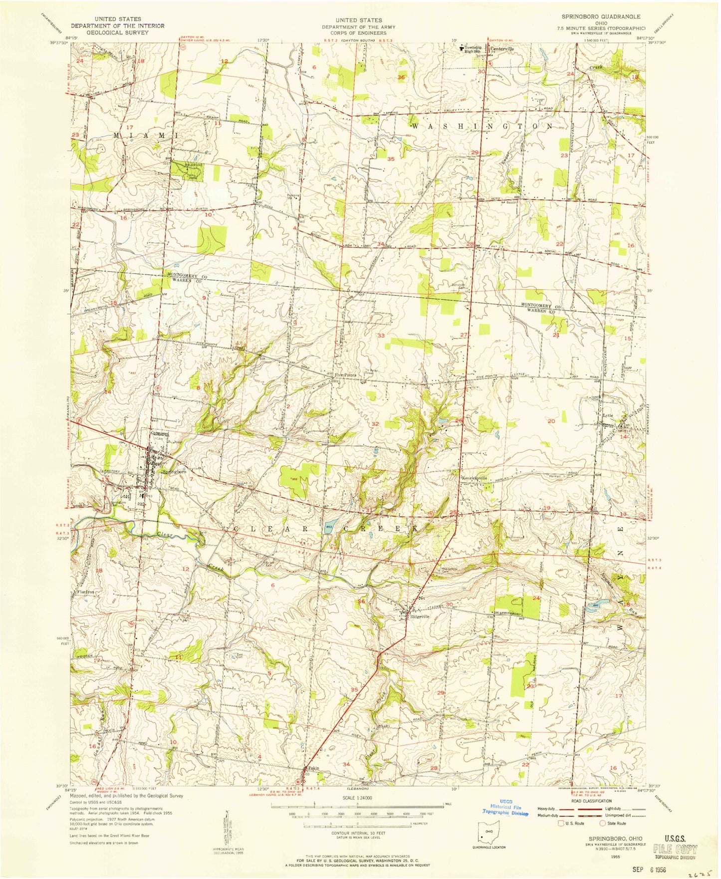Classic USGS Springboro Ohio 7.5'x7.5' Topo Map Image