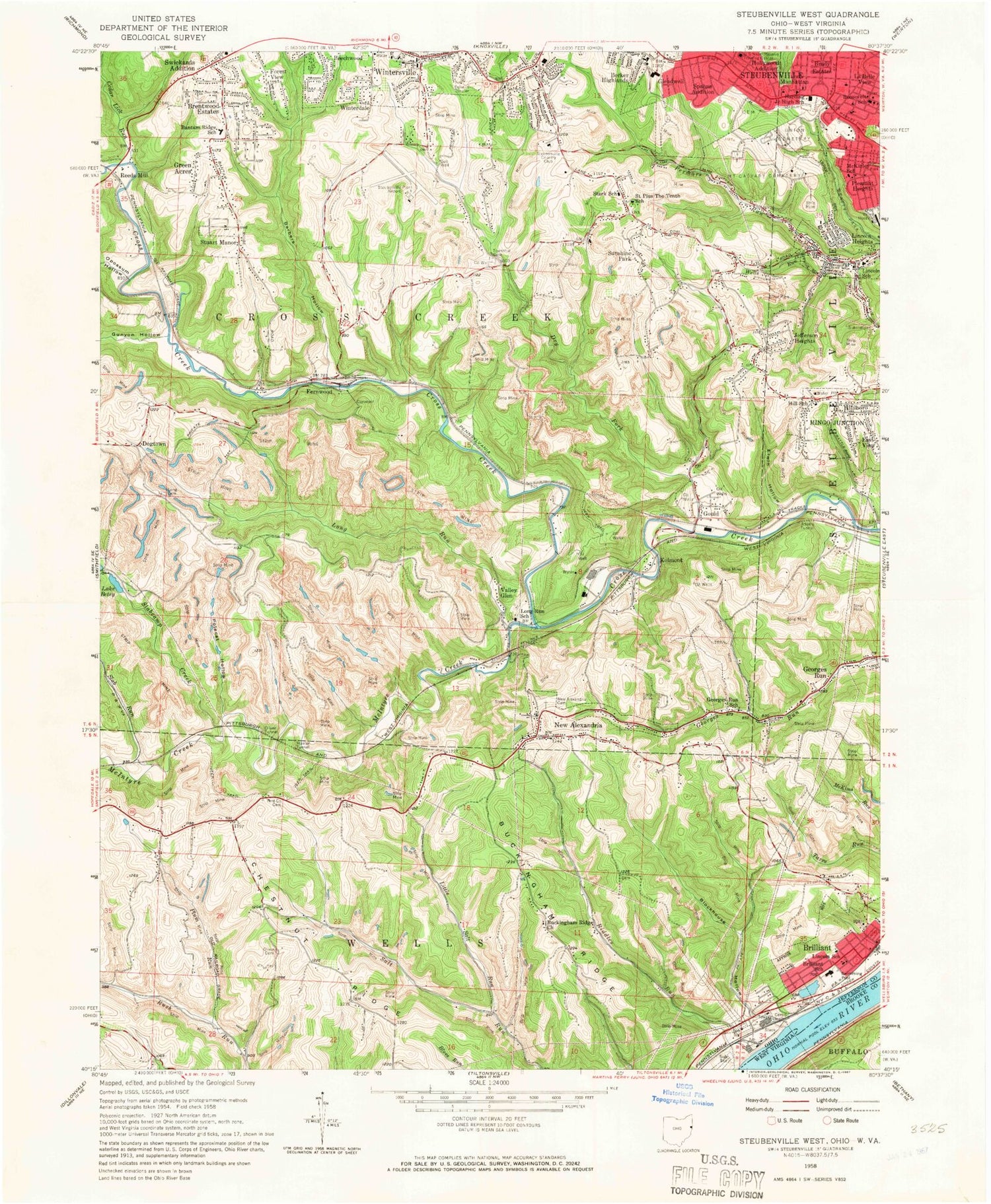 Classic USGS Steubenville West Ohio 7.5'x7.5' Topo Map Image