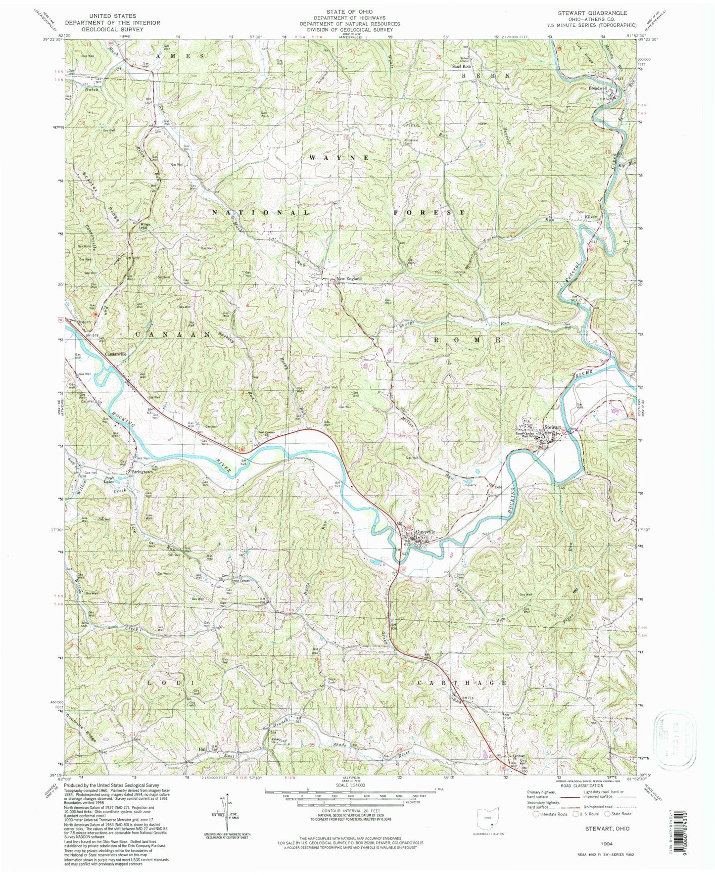 Classic USGS Stewart Ohio 7.5'x7.5' Topo Map Image