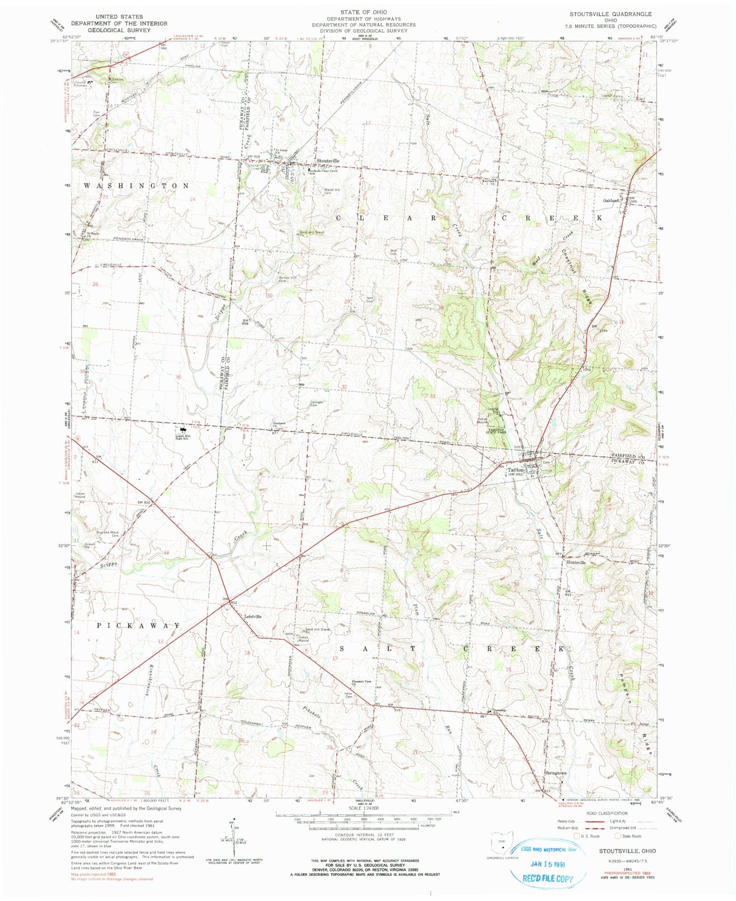 Classic USGS Stoutsville Ohio 7.5'x7.5' Topo Map Image