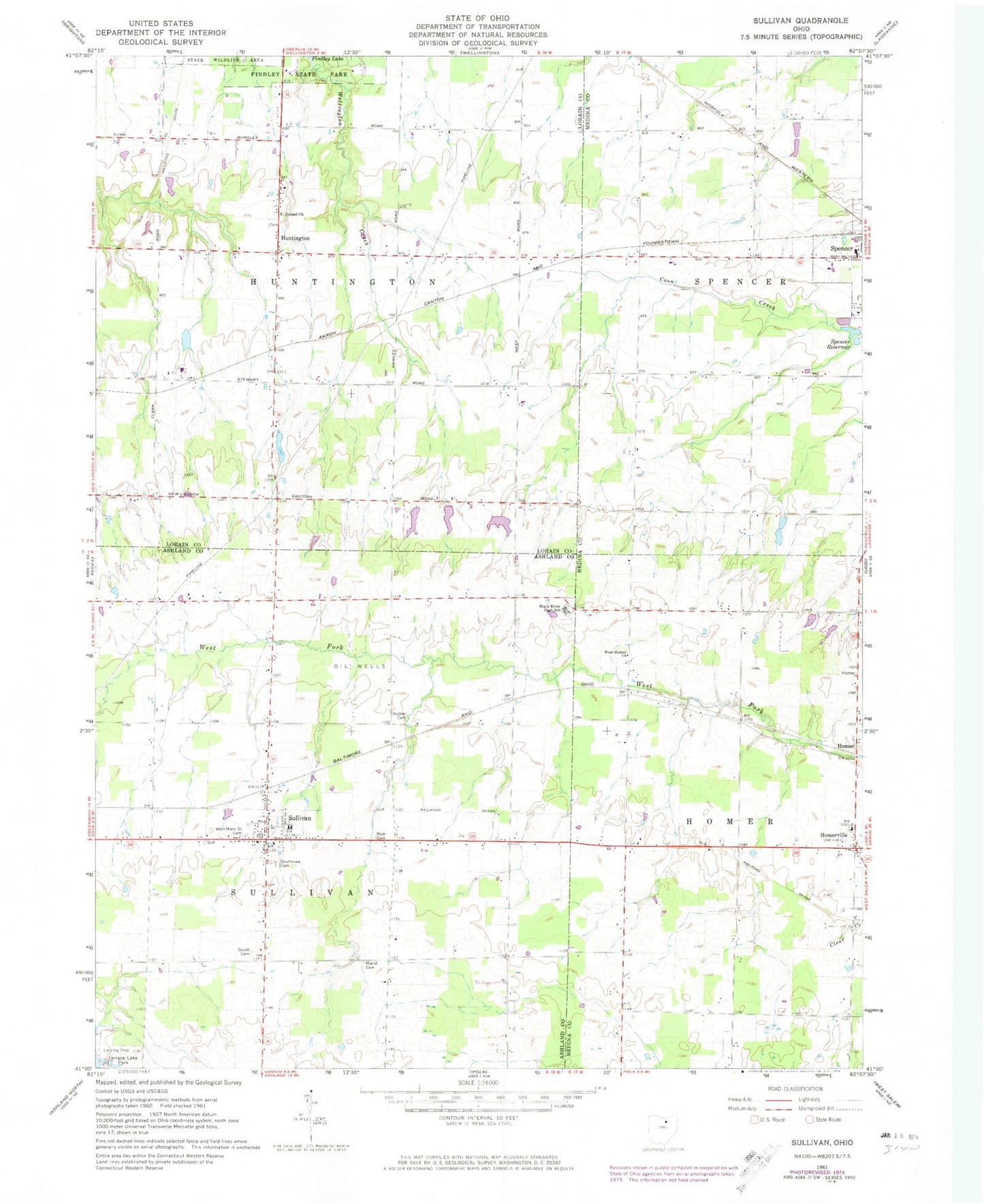 Classic USGS Sullivan Ohio 7.5'x7.5' Topo Map Image