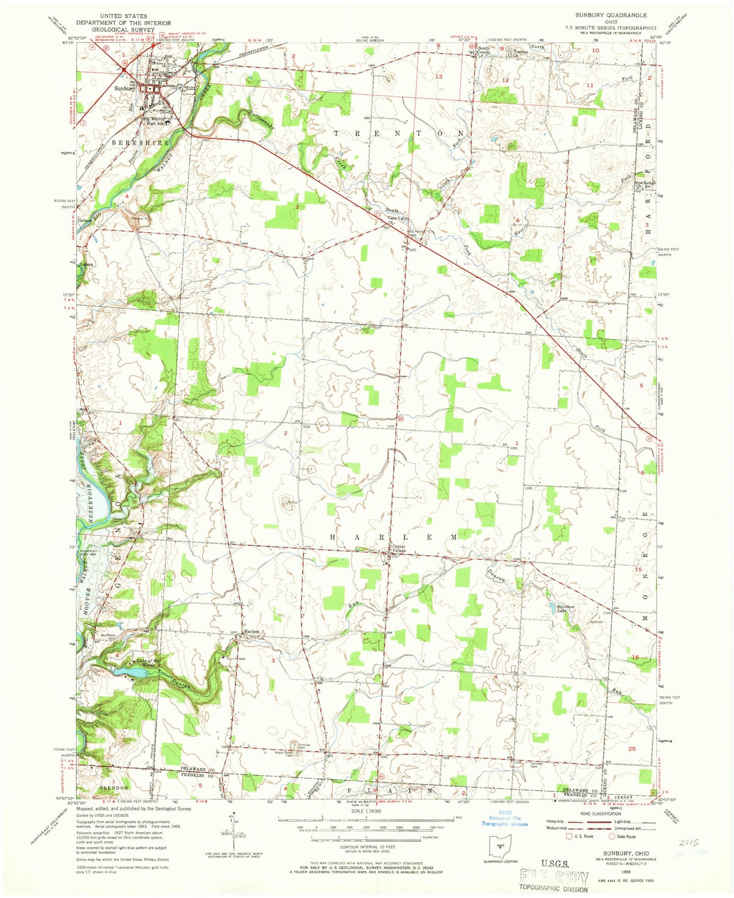 Classic USGS Sunbury Ohio 7.5'x7.5' Topo Map Image